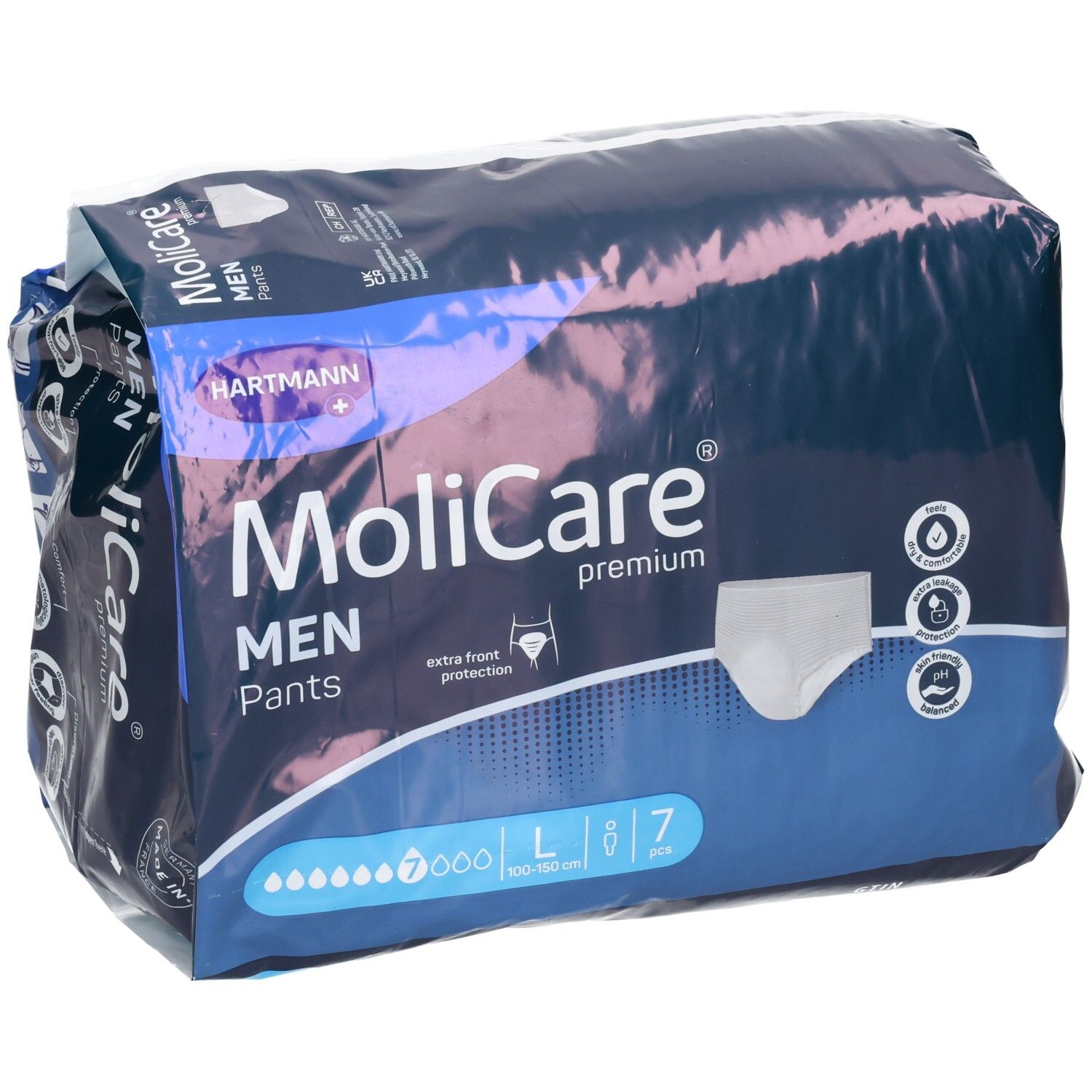 Hartmann MoliCare Premium MEN PANTS L, 7 Stück. Verpackung mit seitlicher Ansicht, Fokus auf Produktmerkmalen.