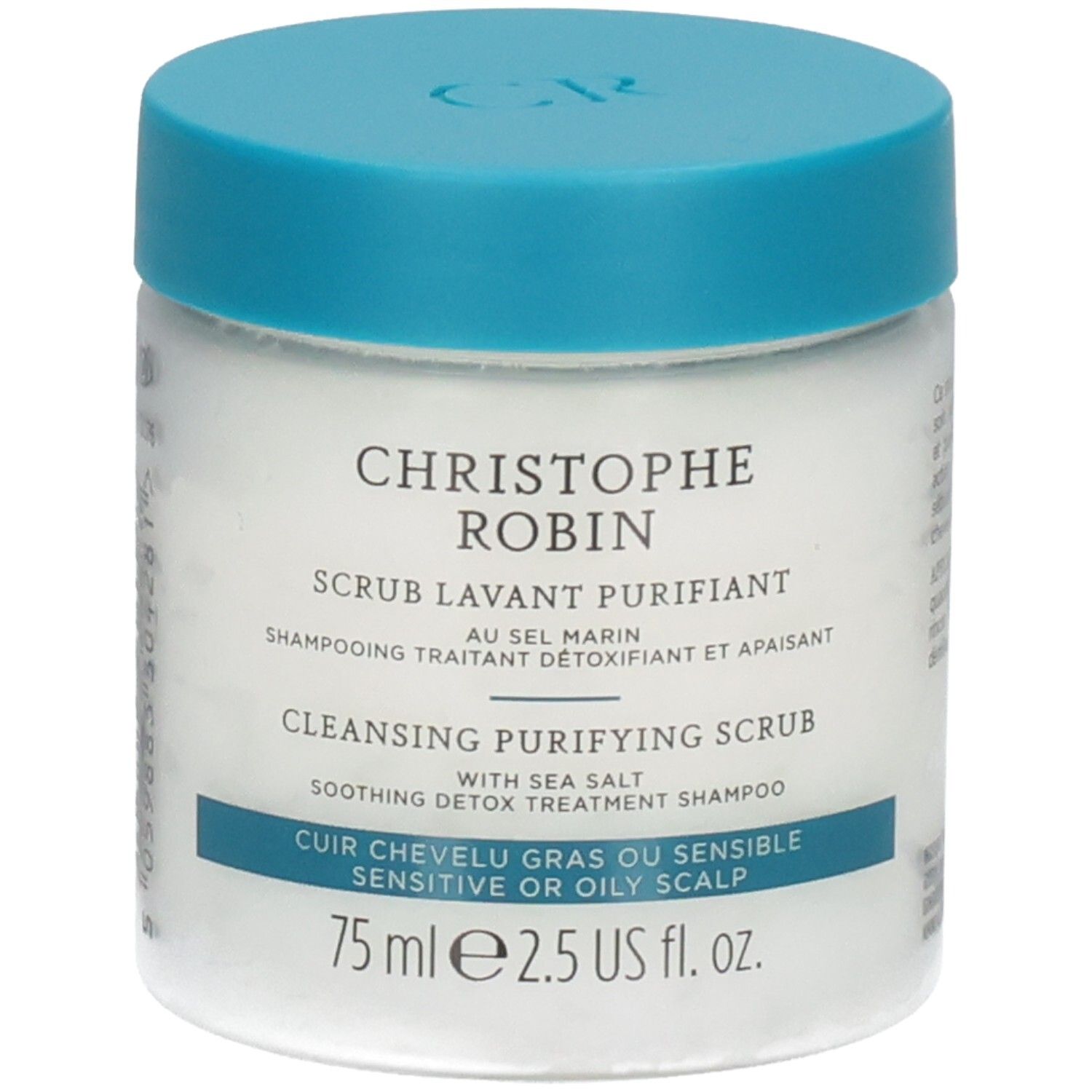 Christophe Robin Reinigend Zuiverend Scrub met zeezout, voorkant met productdetails en volume.