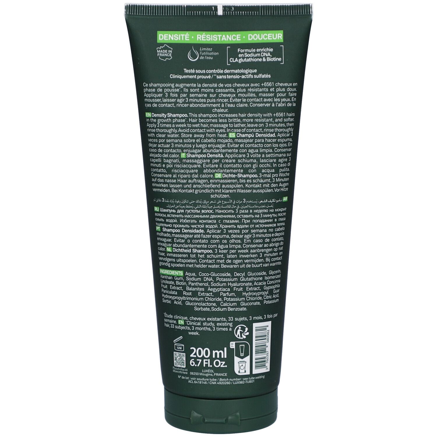 Rückseite der grünen LUXÉOL Shampoo-Tube. Text: DENSITÉ, 200 ml, 6.7 FL.OZ. Inhaltsstoffe und Gebrauchsanweisung.