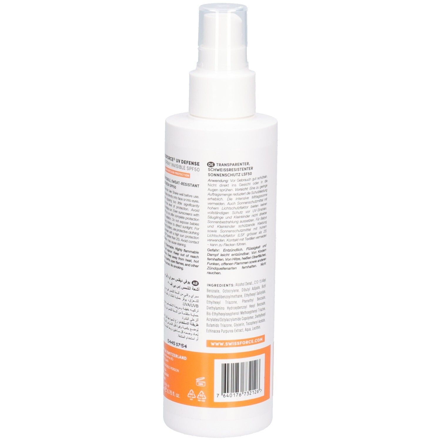 Weißes Sonnenspray mit Sprühkopf. Rückseite mit Text. Orangefarbener Streifen am unteren Ende. Made in Switzerland.