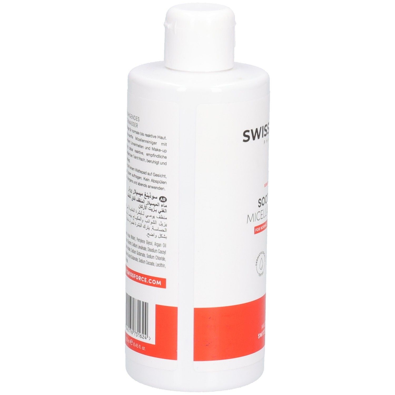 Rückseite einer weißen Flasche SWISSFORCE Soothing Micellar Water mit Barcode und mehrsprachigen Informationen.