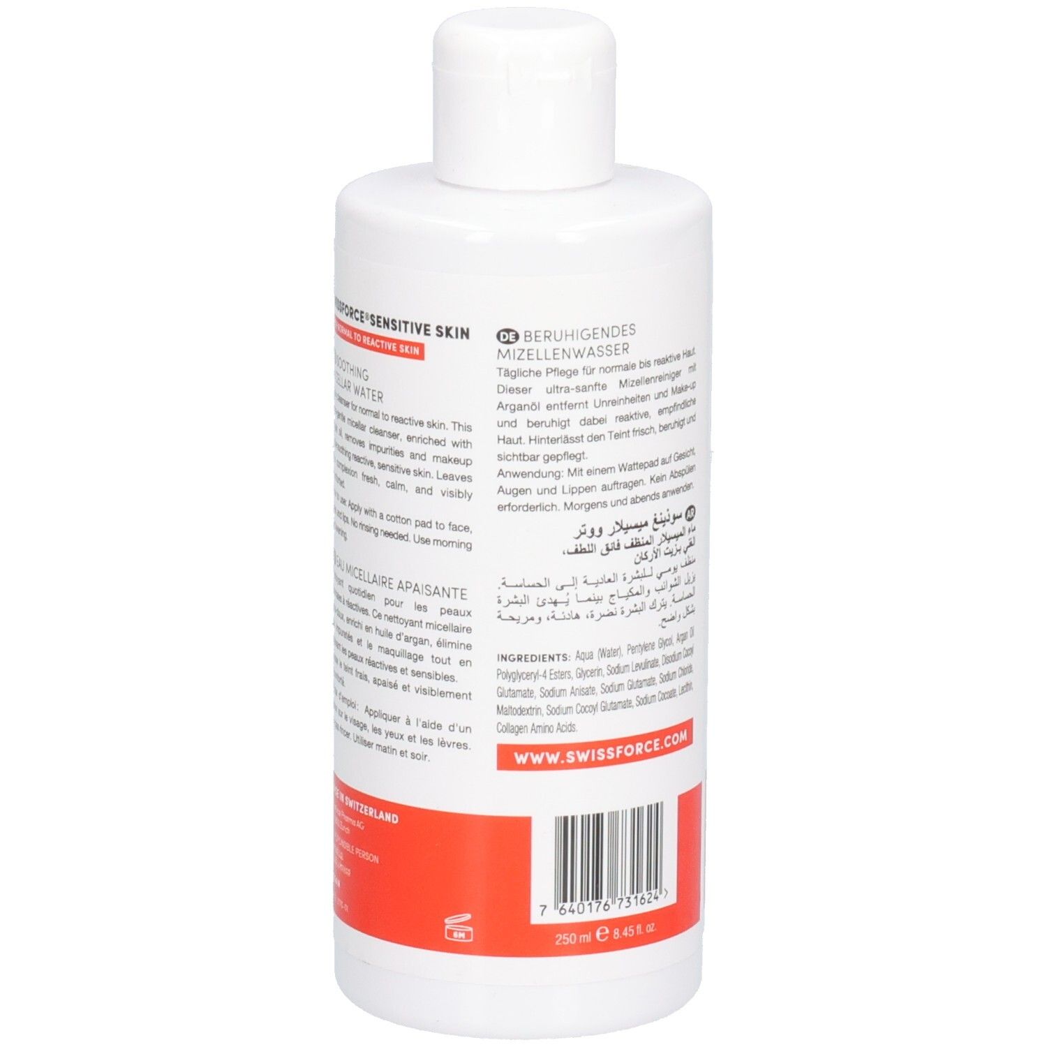 Rückseite einer weißen Flasche SWISSFORCE Soothing Micellar Water mit detaillierten Inhaltsstoffen und Anwendungshinweisen.