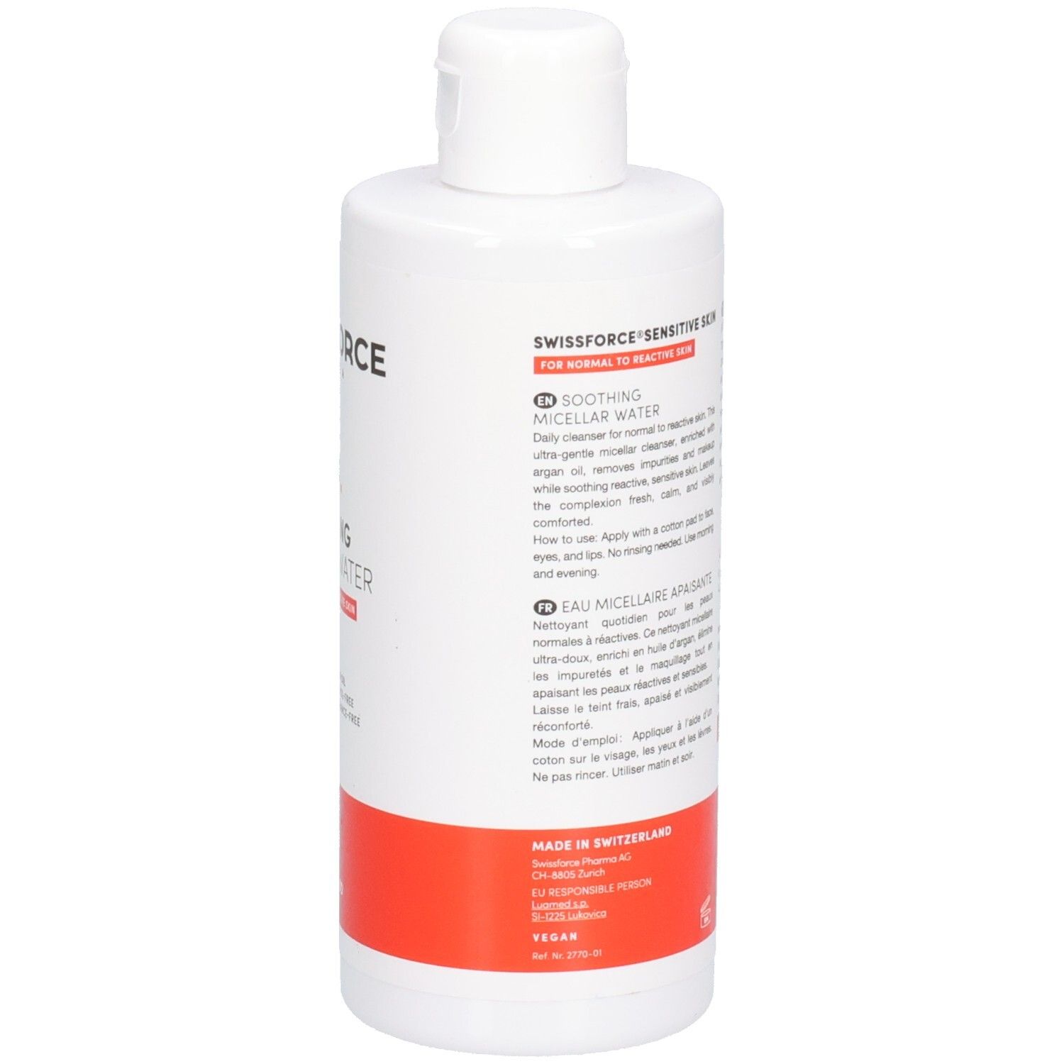 Rückseite einer weißen Flasche SWISSFORCE Soothing Micellar Water mit Anwendungsanleitung in mehreren Sprachen.