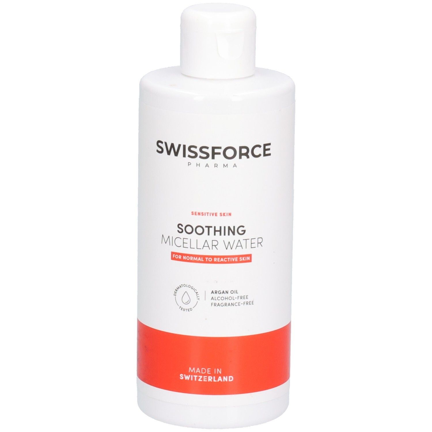 Weiße Flasche SWISSFORCE Soothing Micellar Water für empfindliche Haut, Made in Switzerland.