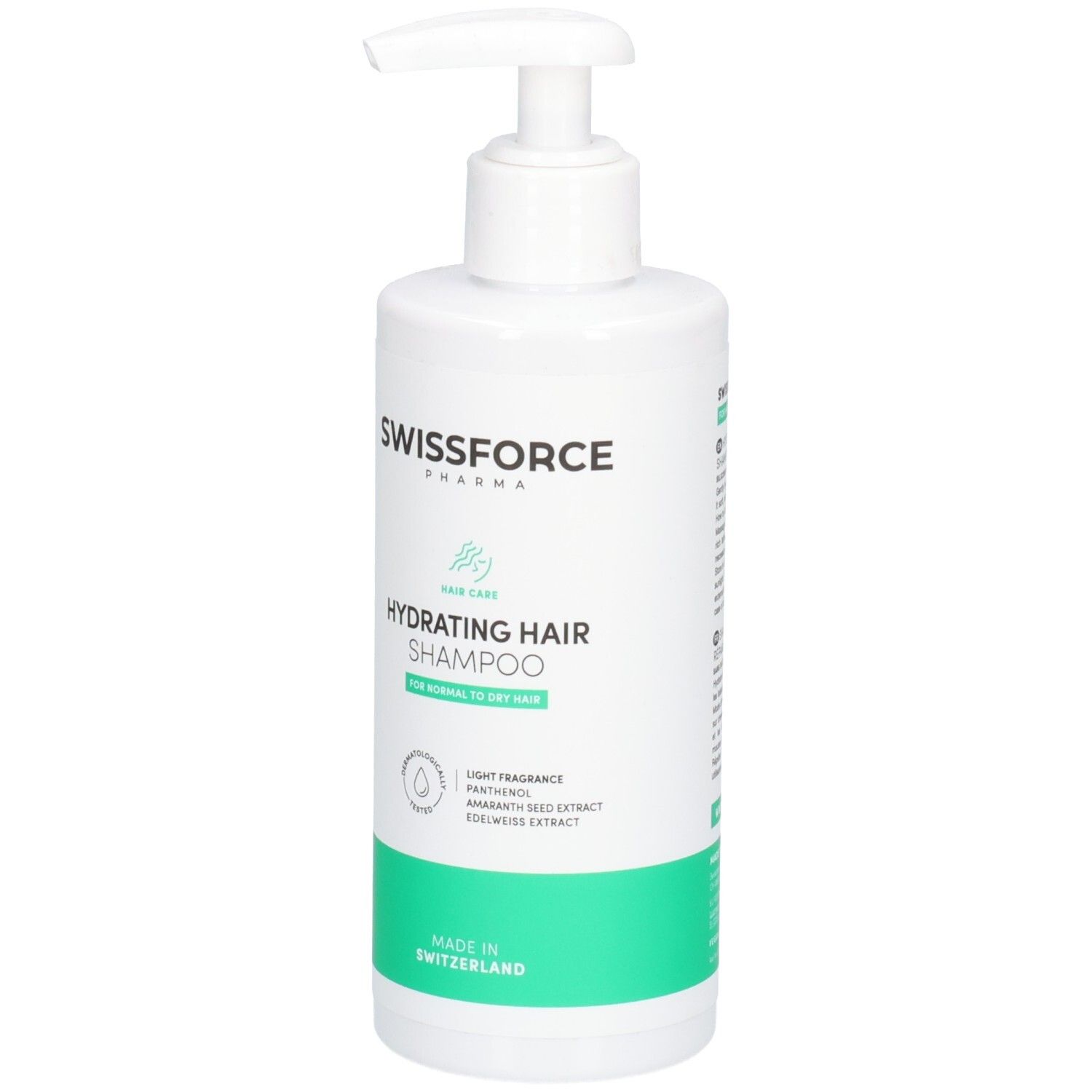 Weiße Flasche mit Pumpverschluss. Aufschrift: SWISSFORCE, Hydrating Hair Shampoo. Grüner Streifen unten. Hergestellt in der Schweiz.