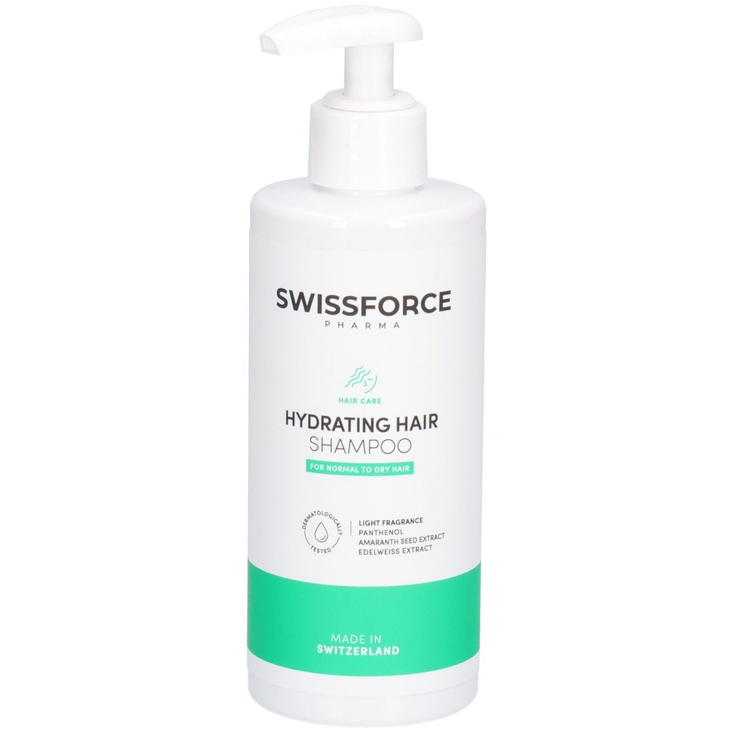 Weiße Flasche mit Pumpverschluss. Aufschrift: SWISSFORCE, Hydrating Hair Shampoo. Grüner Streifen unten. Hergestellt in der Schweiz.