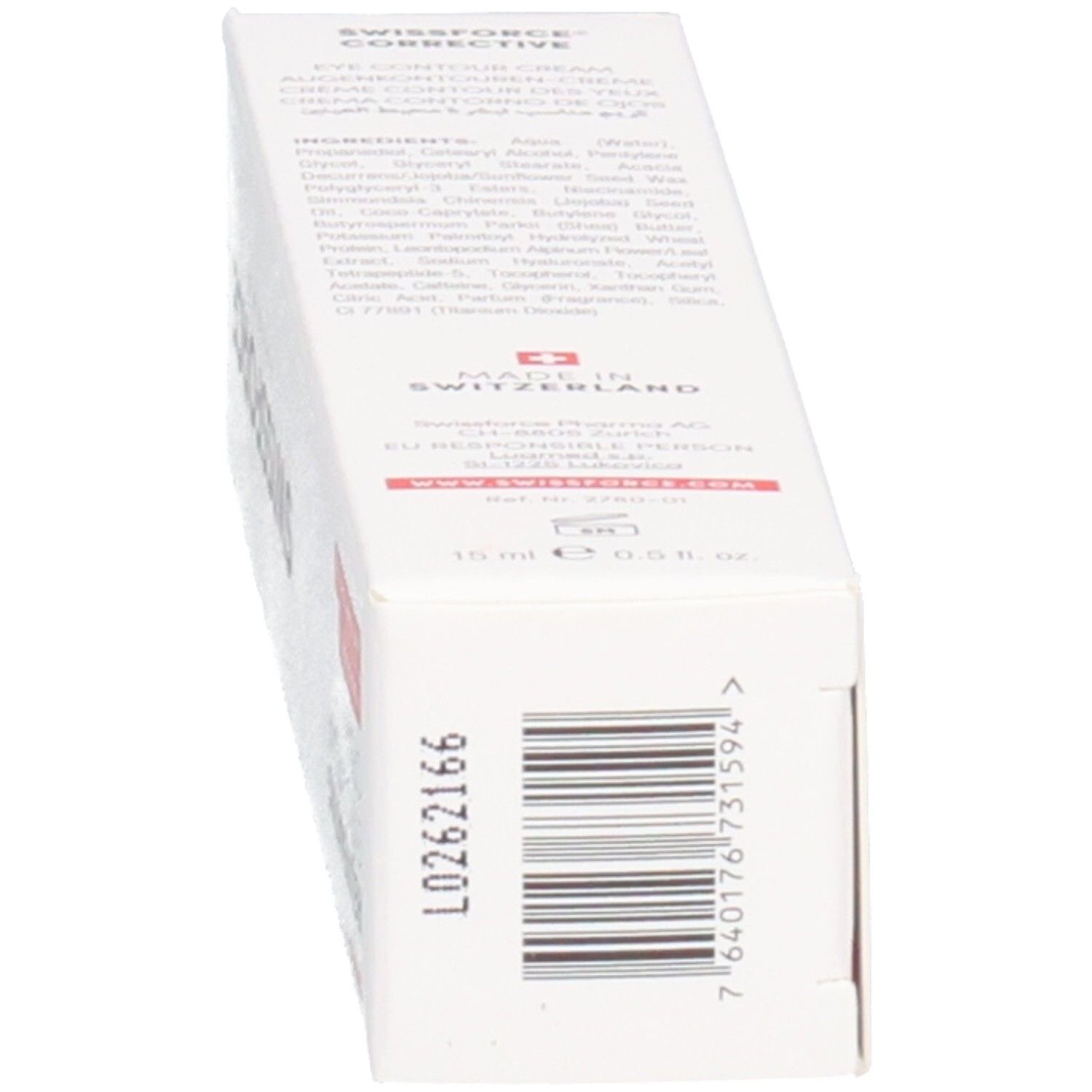 Karton mit Inhaltsangaben. Aufschrift: SWISSFORCE. Rejuvenating Eye Contour Cream. Hergestellt in der Schweiz. 15 ml.