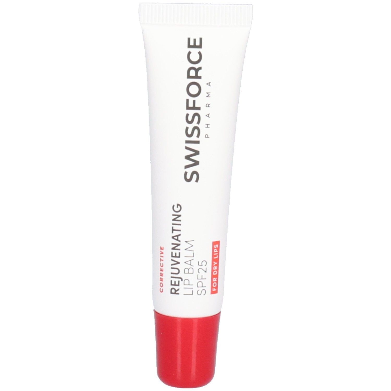 Weiße Tube mit roter Kappe. Text: SWISSFORCE Pharma, Rejuvenating Lip Balm SPF25. Für trockene Lippen.