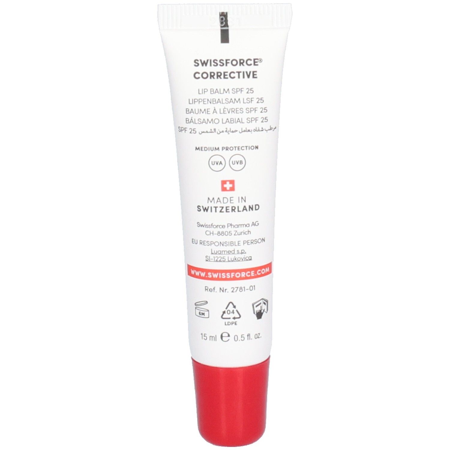 Weiße Tube mit roter Kappe. Text: SWISSFORCE Corrective Lip Balm SPF 25. Hergestellt in der Schweiz. 15 ml.