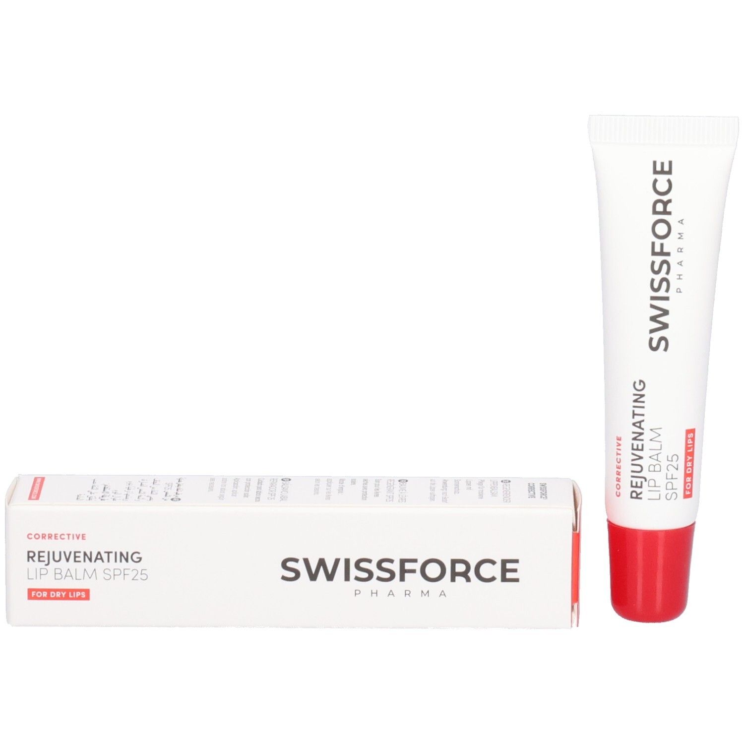 Produktverpackung und Tube. Text: SWISSFORCE, Corrective Rejuvenating Lip Balm SPF25. Für trockene Lippen.