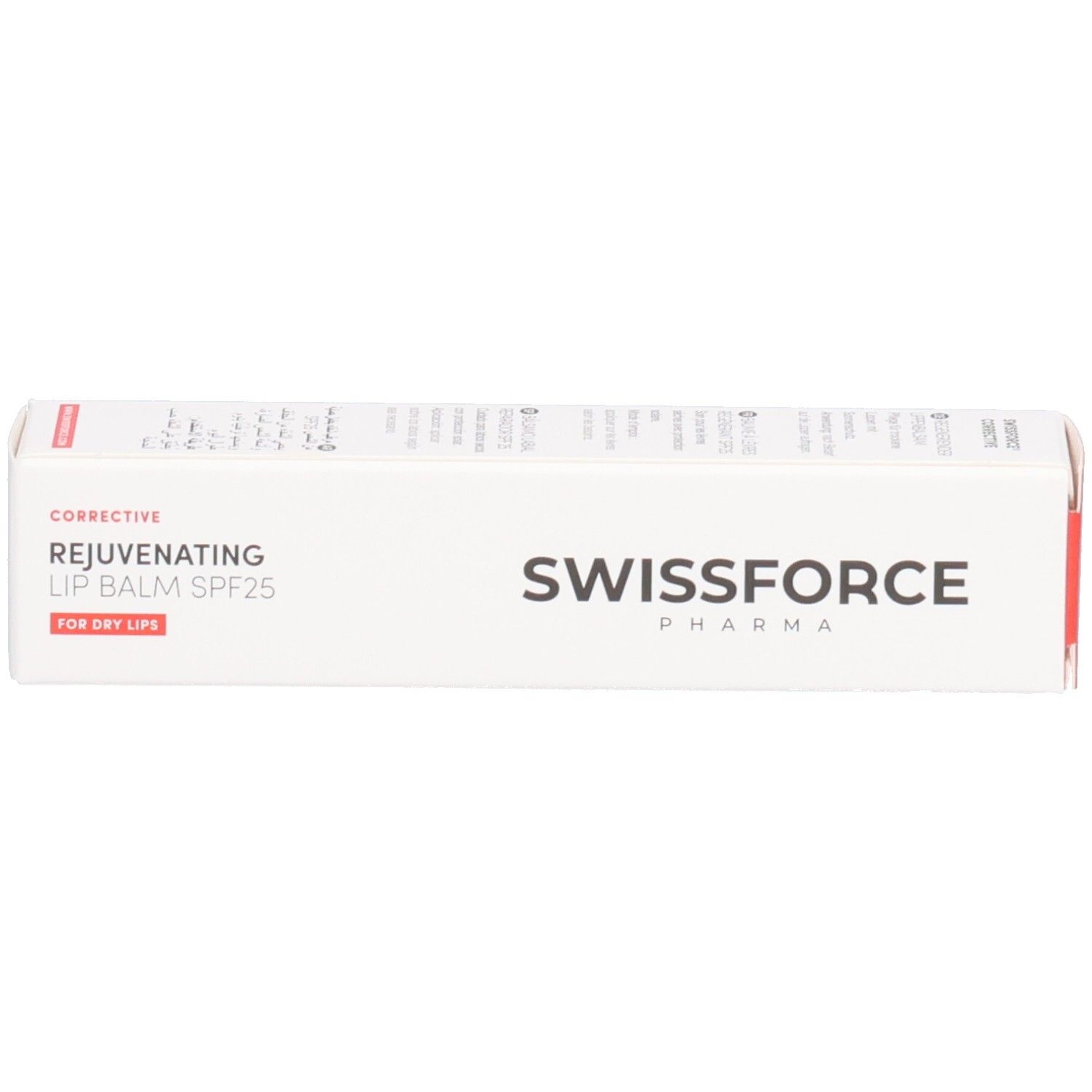Produktverpackung. Text: SWISSFORCE, Corrective Rejuvenating Lip Balm SPF25. Für trockene Lippen.