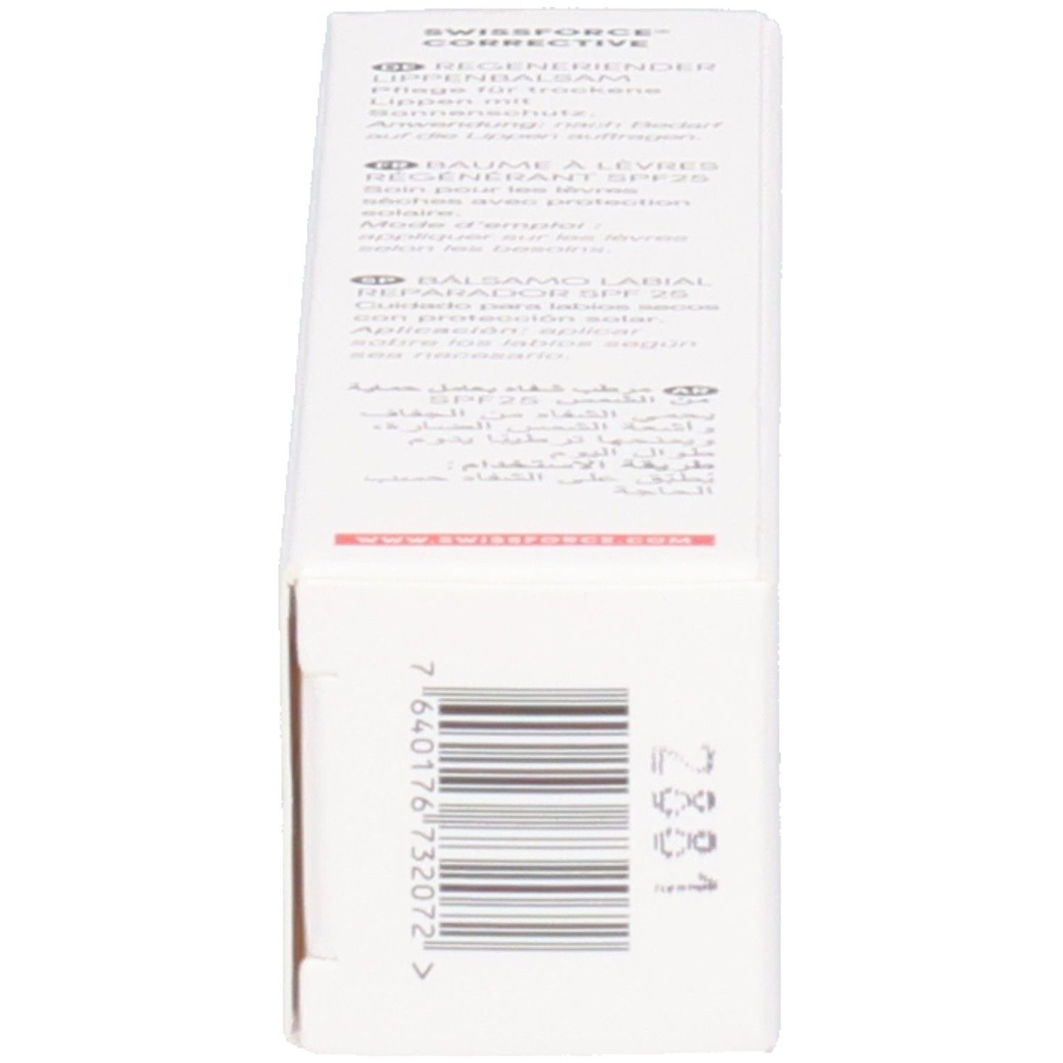 Produktverpackung. Text: SWISSFORCE, Regenerierender Lippenbalsam LSF 25. Barcode und weitere Informationen.
