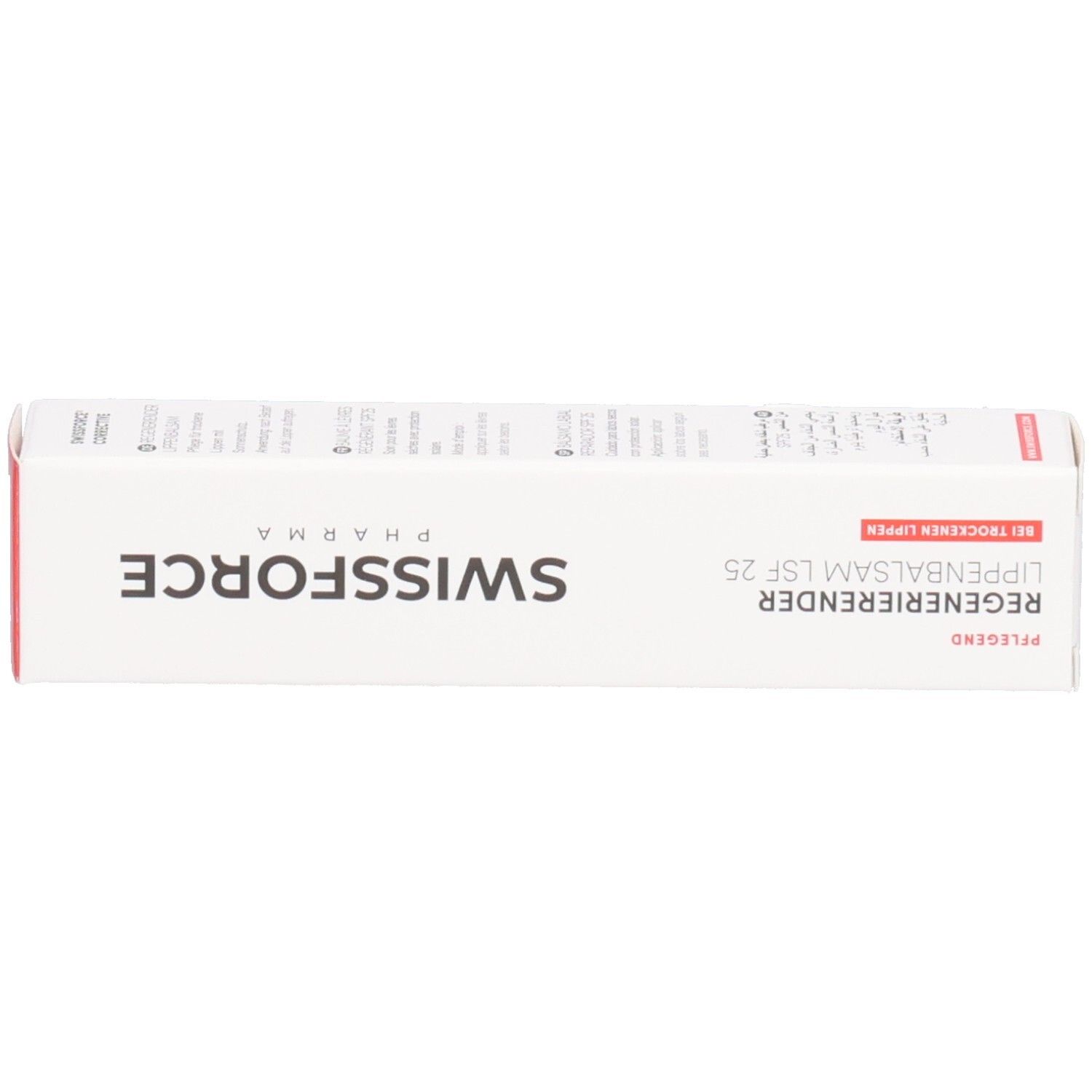 Produktverpackung. Text: SWISSFORCE, Regenerierender Lippenbalsam LSF 25. Für trockene Lippen.