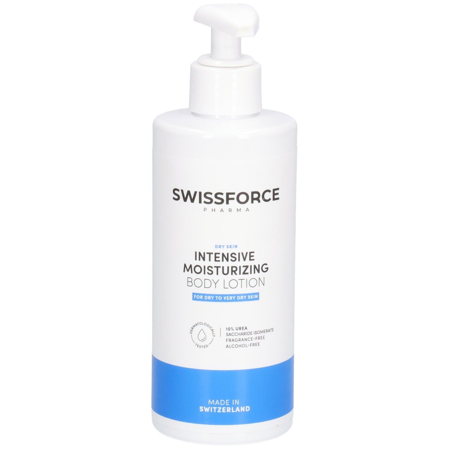 Weiße Flasche mit Spender. Aufschrift: SWISSFORCE, Intensive Moisturizing Body Lotion. Für trockene Haut. Hergestellt in der Schweiz.
