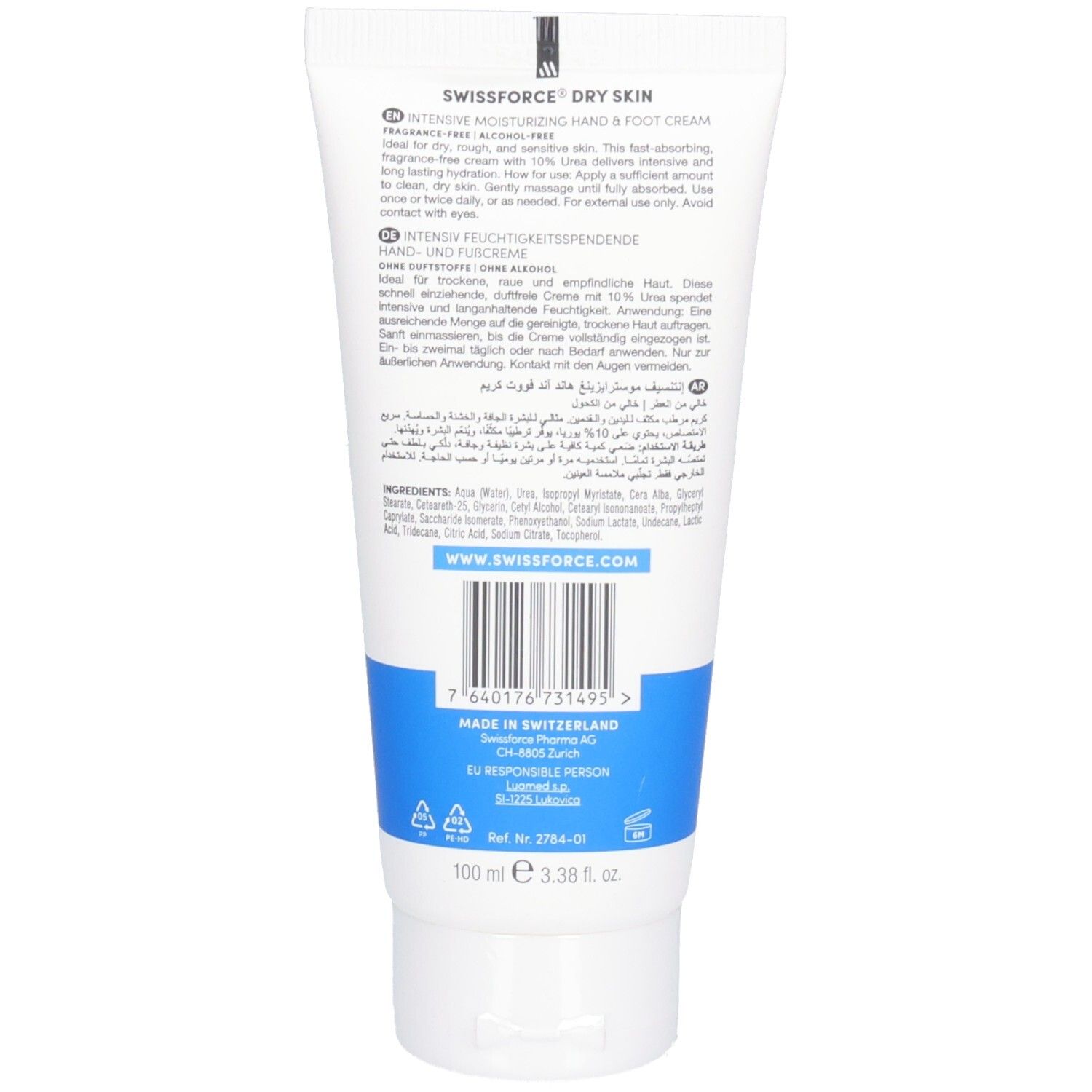 Rückseite der Tube. Text in Deutsch, Englisch und Arabisch. Enthält Inhaltsstoffe. Marke: SWISSFORCE. Hergestellt in der Schweiz. 100 ml.