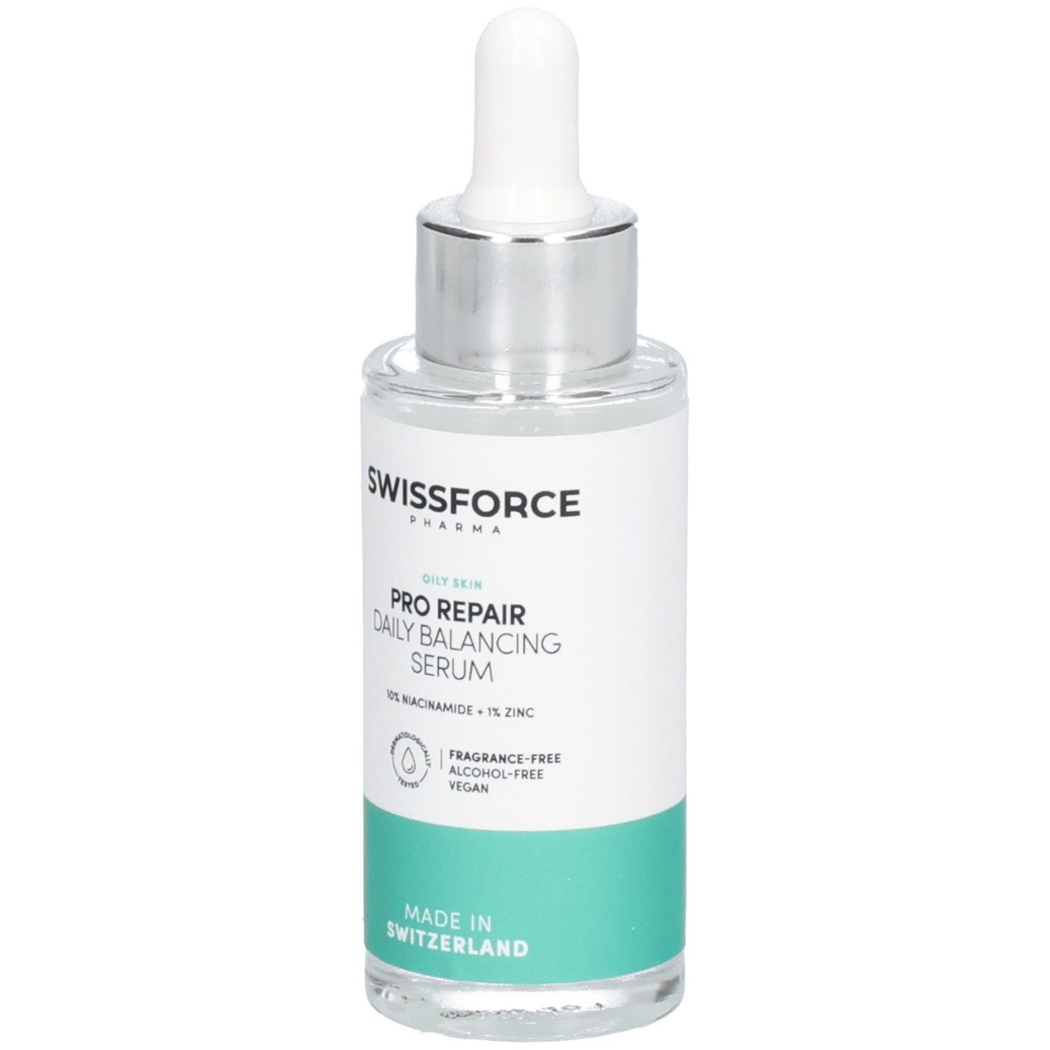 Serumflasche mit Pipette. Aufschrift: SWISSFORCE Pharma, PRO REPAIR Daily Balancing Serum, 10% Niacinamid + 1% Zink. Hergestellt in der Schweiz.