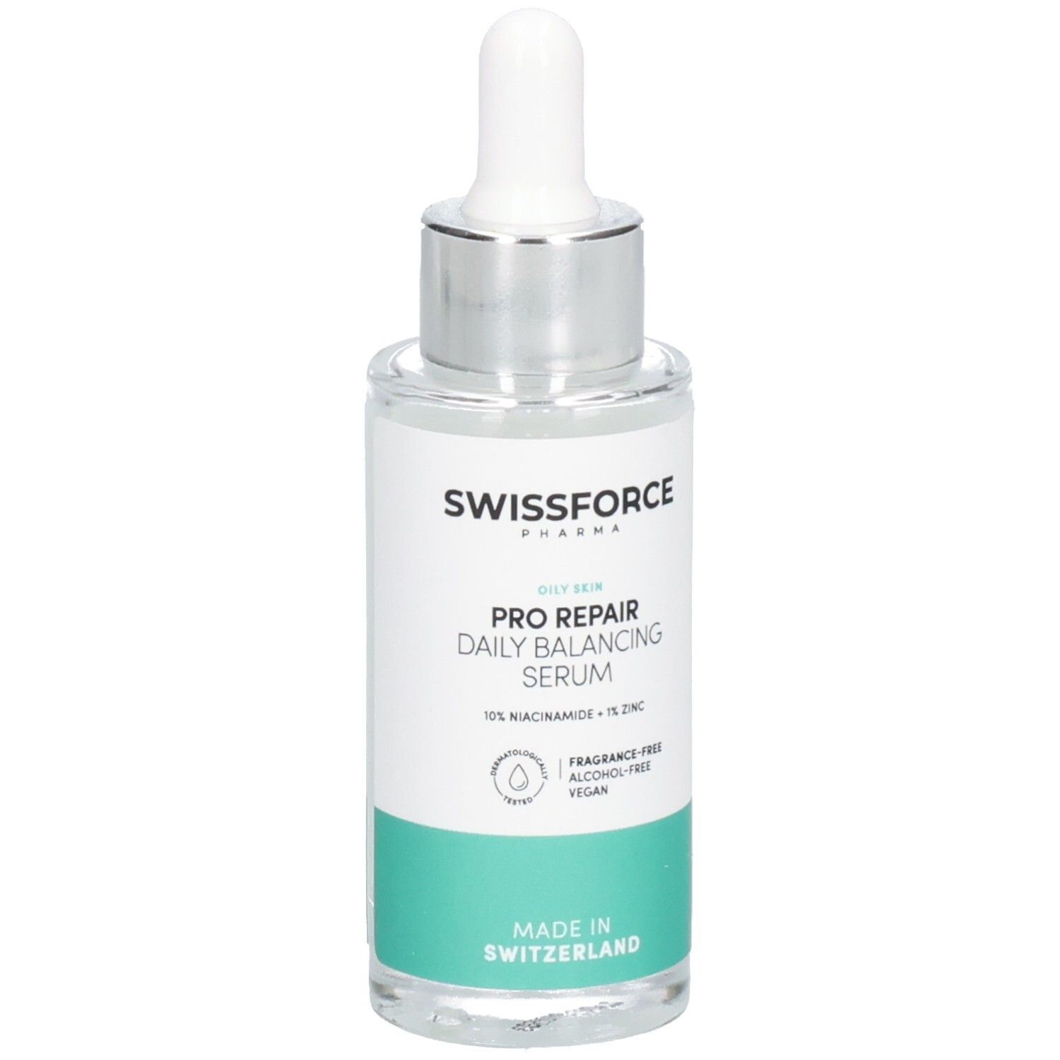 Serumflasche mit Pipette. Aufschrift: SWISSFORCE Pharma, PRO REPAIR Daily Balancing Serum, 10% Niacinamid + 1% Zink. Hergestellt in der Schweiz.