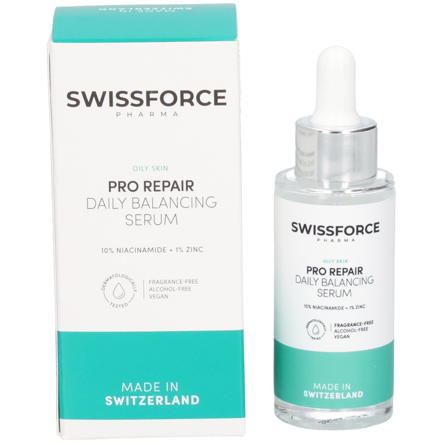 Serumflasche und Karton. Aufschrift: SWISSFORCE Pharma, PRO REPAIR Daily Balancing Serum, 10% Niacinamid + 1% Zink. Hergestellt in der Schweiz.