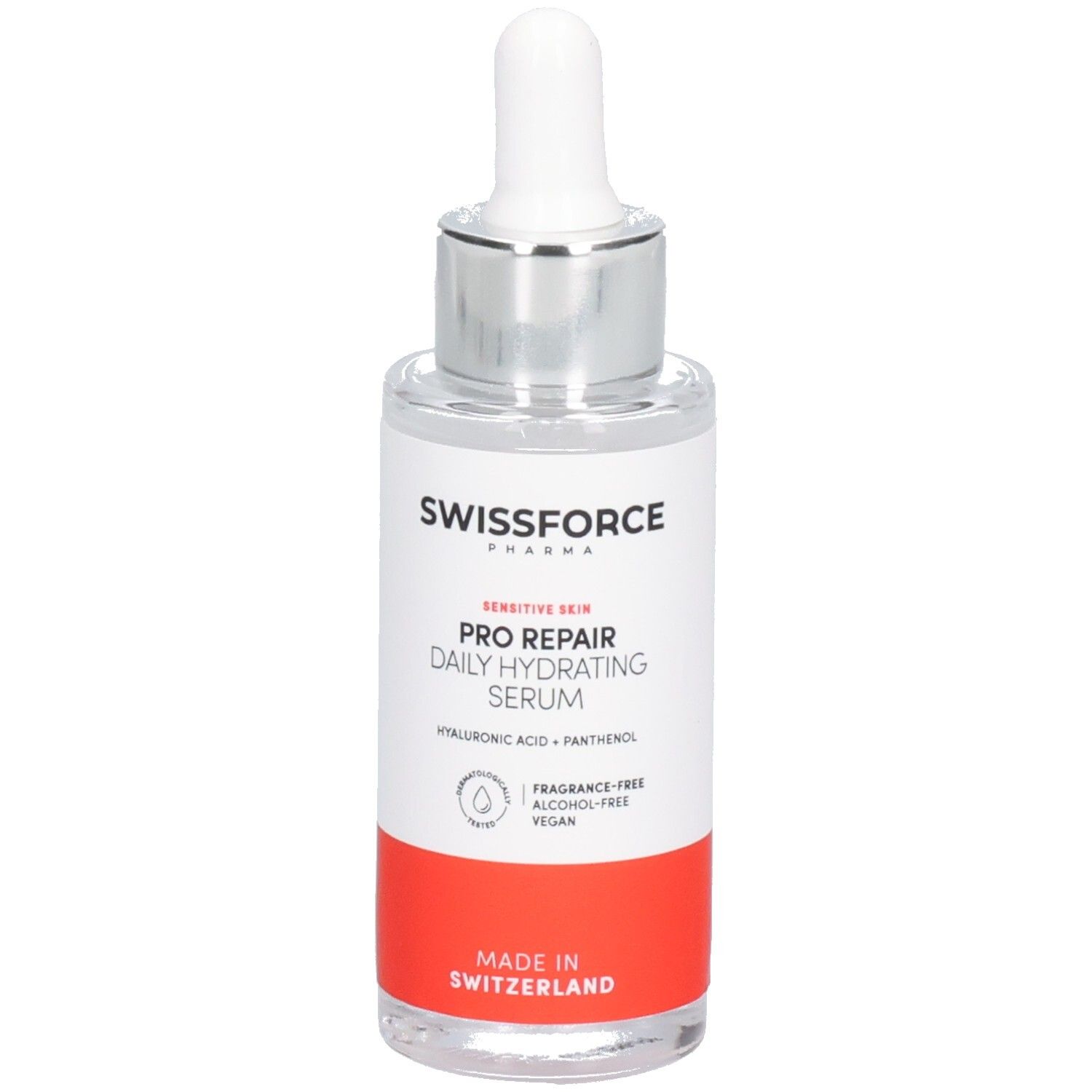 Serumflasche mit Pipette. Aufschrift: SWISSFORCE Pharma, PRO REPAIR, Daily Hydrating Serum. Hergestellt in der Schweiz. Vegan.