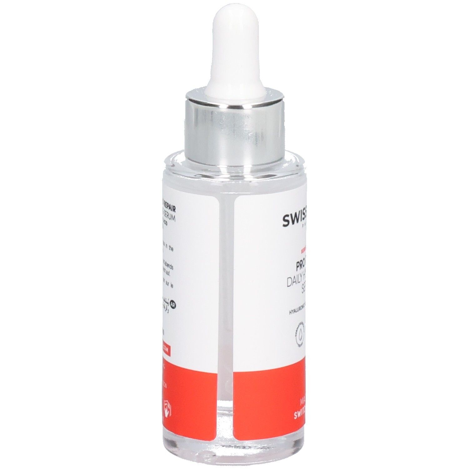 Serumflasche mit Pipette. Aufschrift: SWISSFORCE Pharma, PRO REPAIR, Daily Hydrating Serum. Hergestellt in der Schweiz. Vegan.