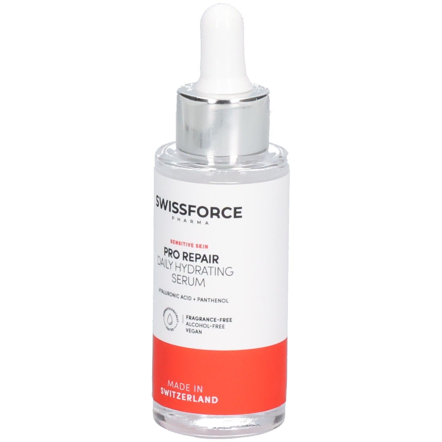 Serumflasche mit Pipette. Aufschrift: SWISSFORCE Pharma, PRO REPAIR, Daily Hydrating Serum. Hergestellt in der Schweiz. Vegan.