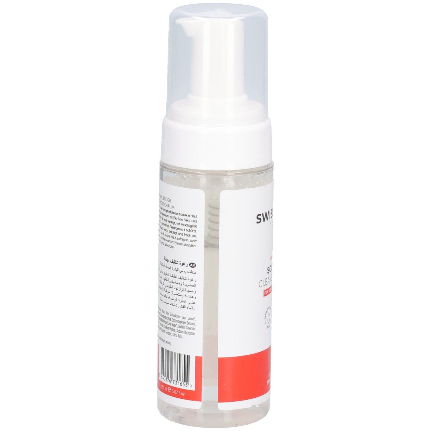 Rückseite der Flasche. Text in mehreren Sprachen. Barcode. Aufschrift: SWISSFORCE. Roter Streifen unten. Hergestellt in der Schweiz.