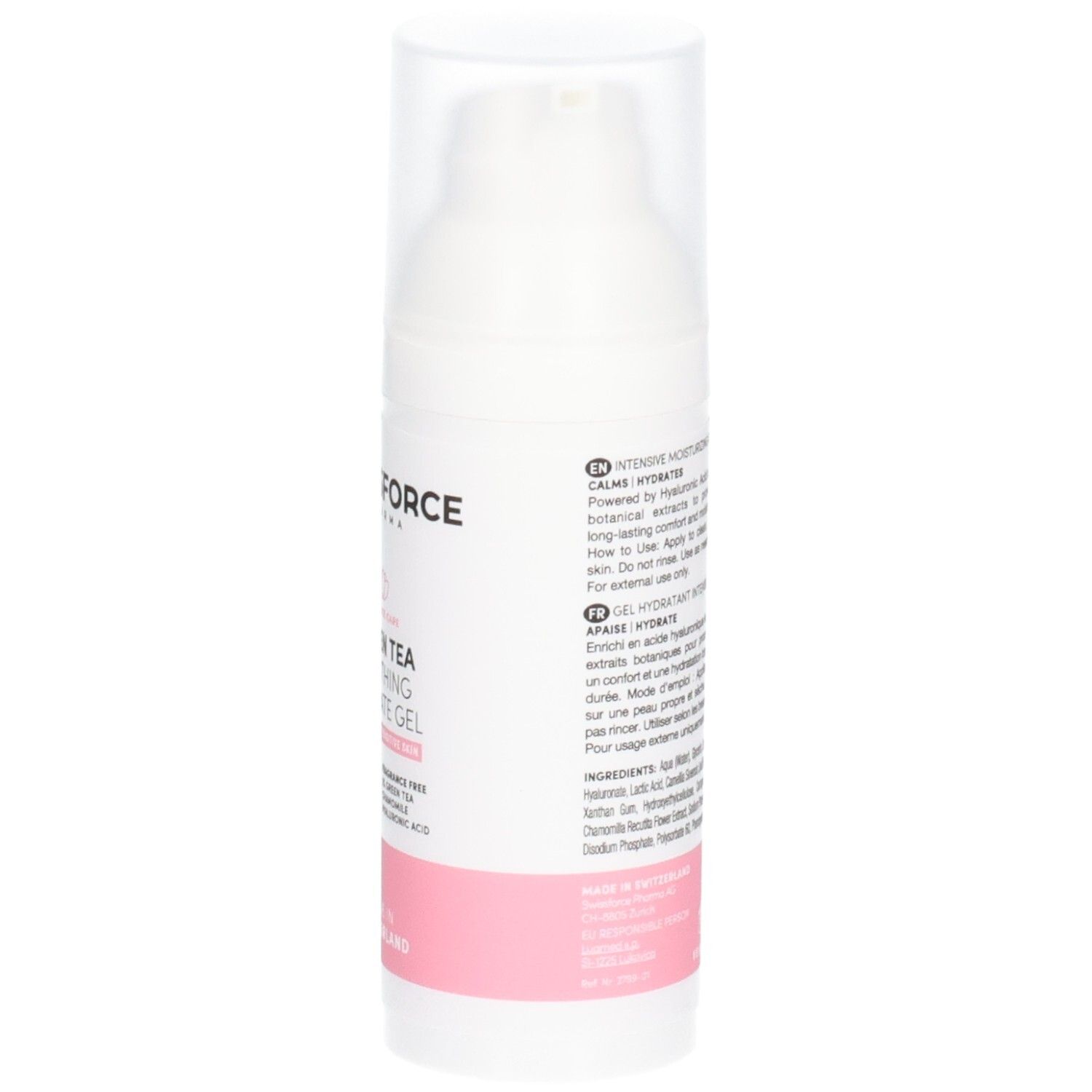 Weiße Flasche mit durchsichtigem Deckel. Text: SWISSFORCE. Aufschrift: Grüner Tee beruhigendes Intimgel. Vegan. Hergestellt in der Schweiz.