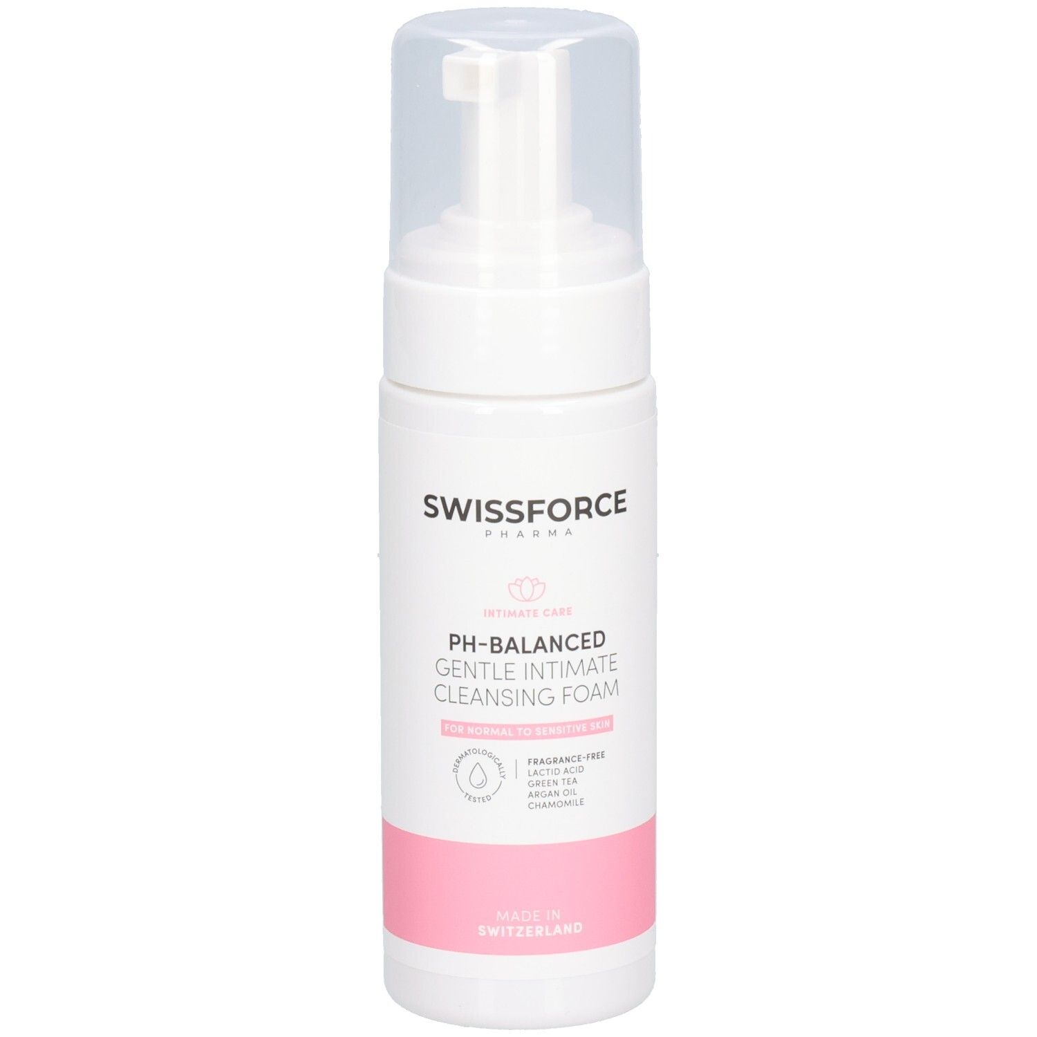 Flasche des SWISSFORCE veganen Intim-Reinigungsgels mit Pumpspender.