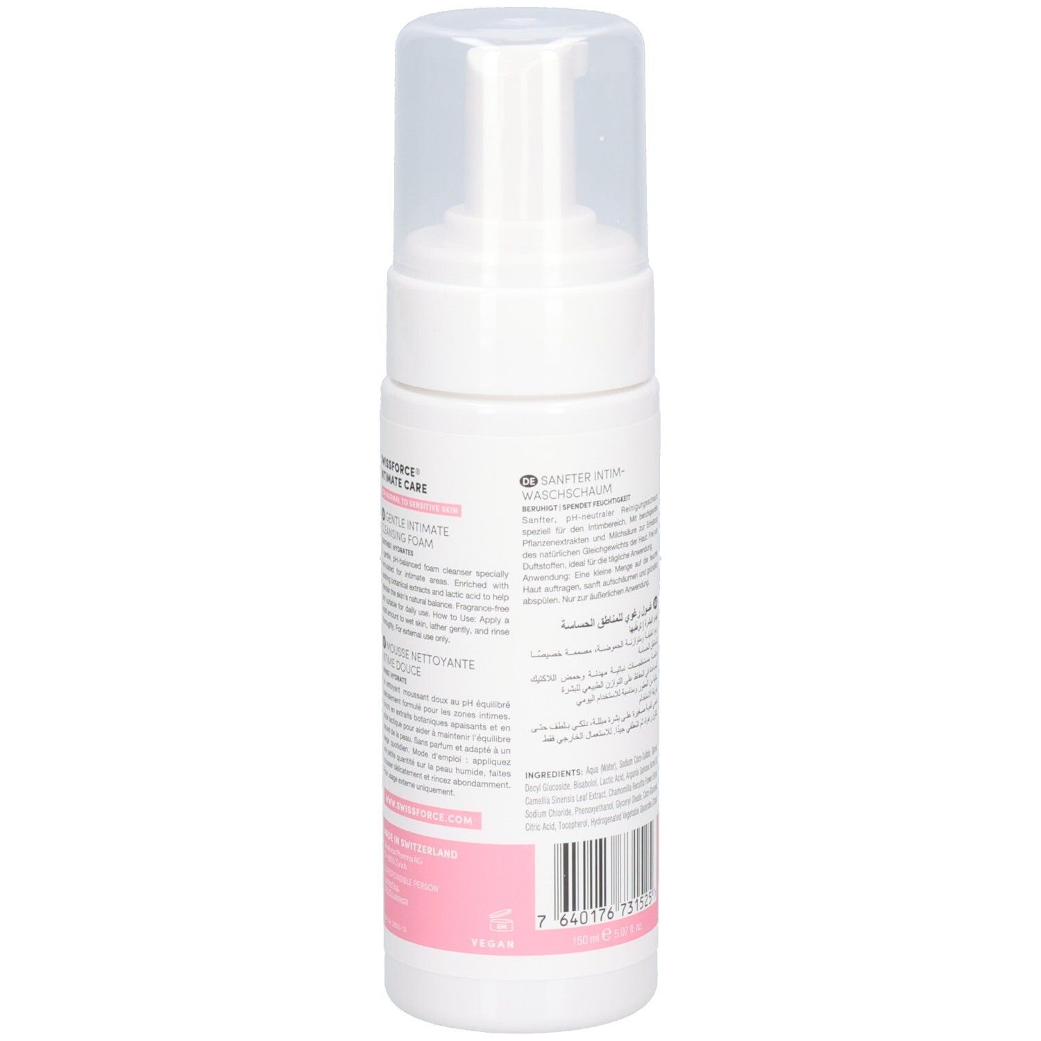 Rückseite der Flasche des SWISSFORCE Intim-Reinigungsgels mit Barcode.