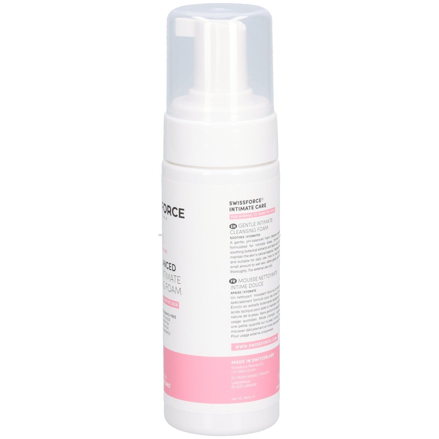 Seite der Flasche des SWISSFORCE Intim-Reinigungsgels mit Produktinformationen.