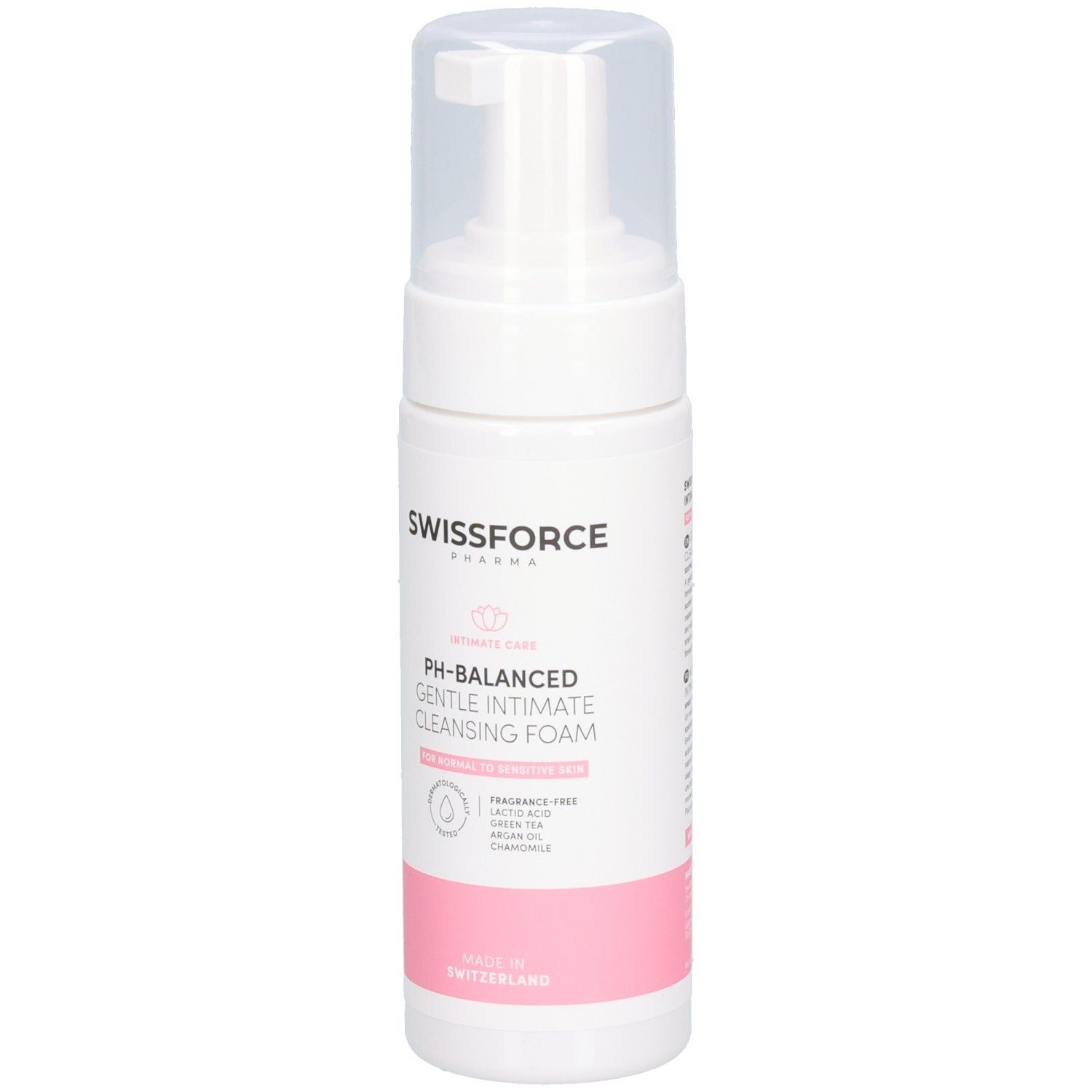 Flasche des SWISSFORCE Intim-Reinigungsgels, Vorderansicht.