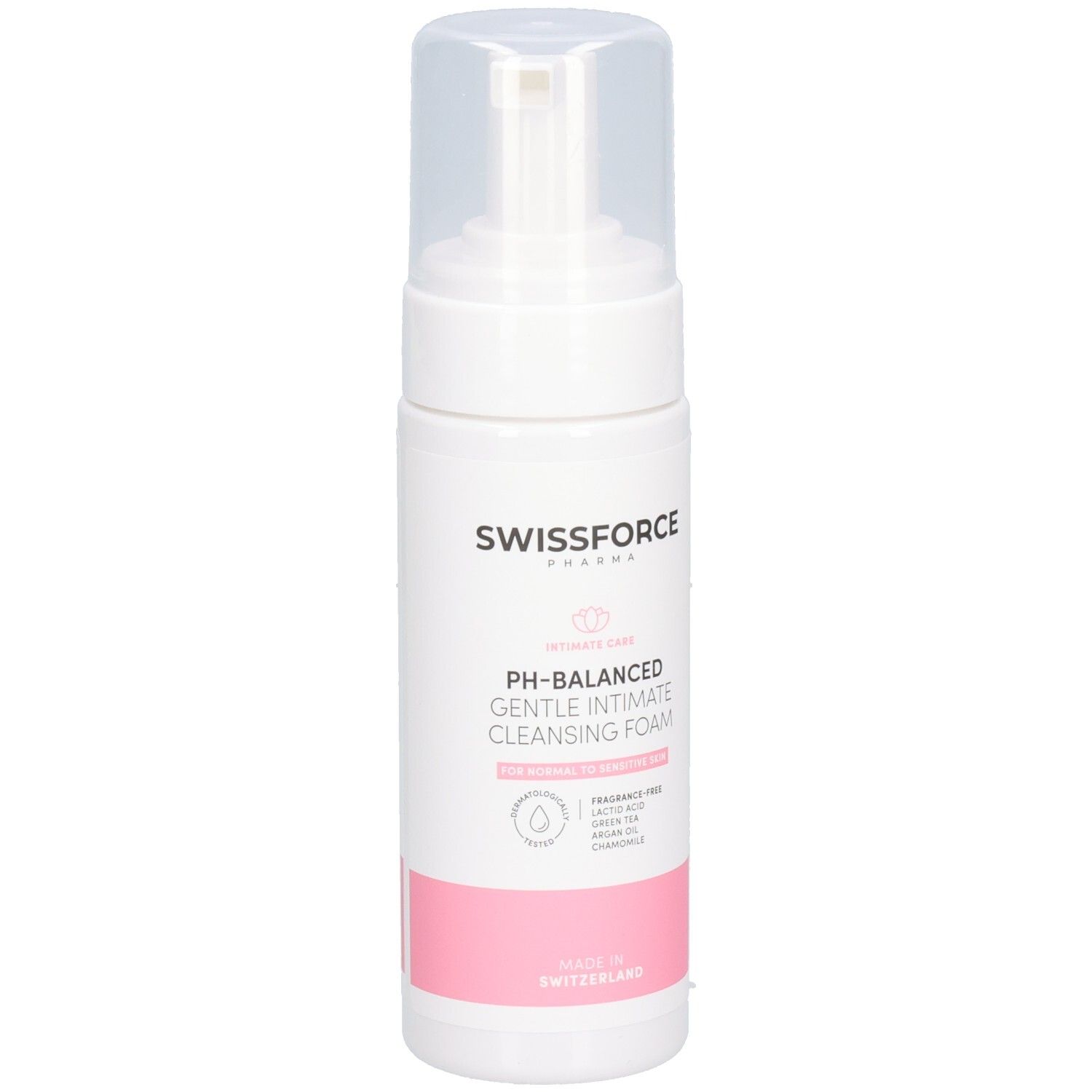 Flasche des SWISSFORCE Intim-Reinigungsgels, leicht schräg.