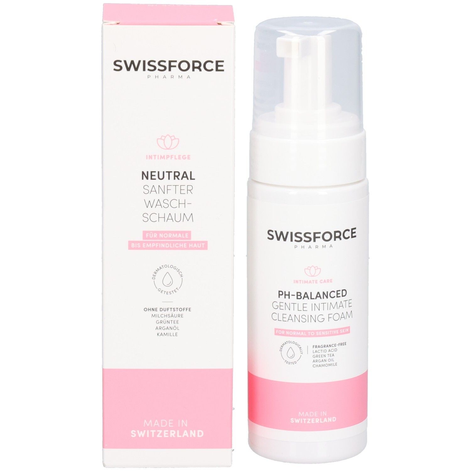 Flasche des SWISSFORCE Intim-Reinigungsgels, seitliche Ansicht.