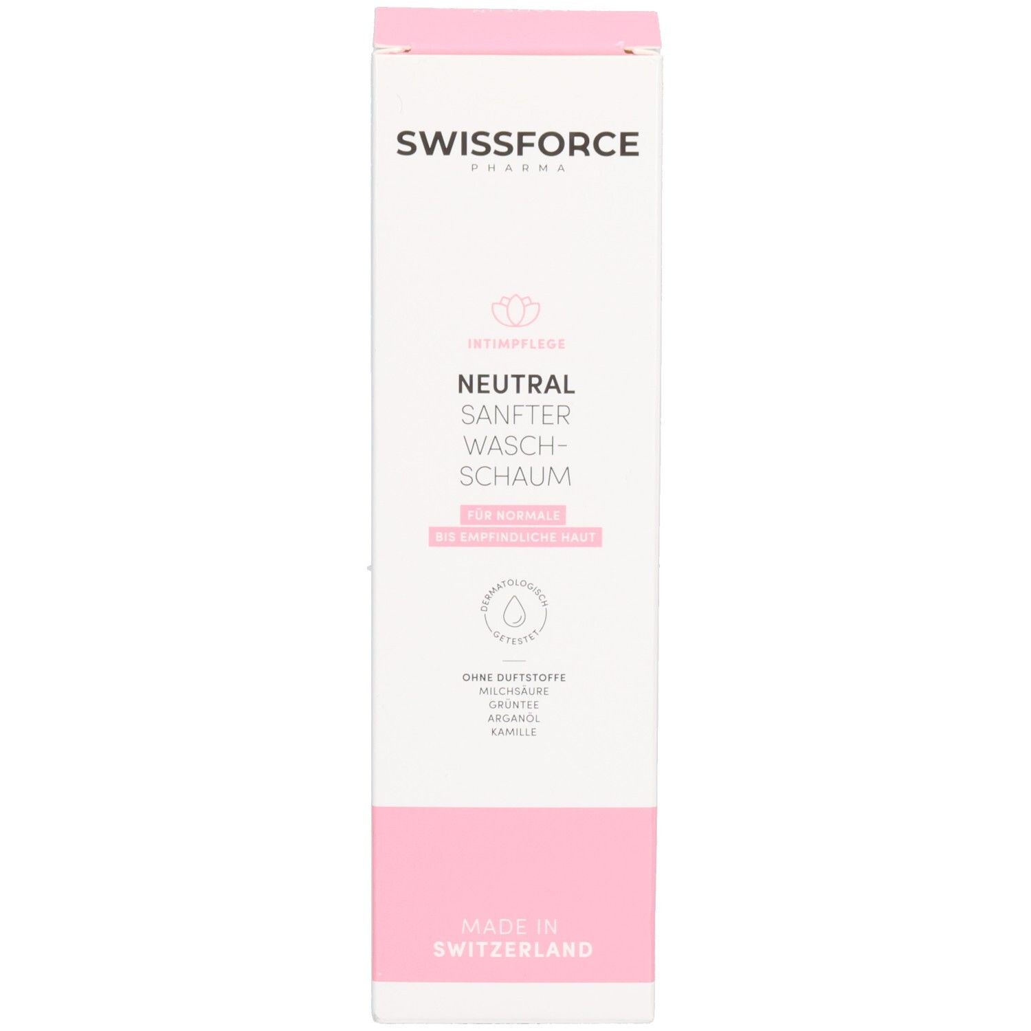 Verpackung und Flasche des SWISSFORCE Intim-Reinigungsgels nebeneinander.