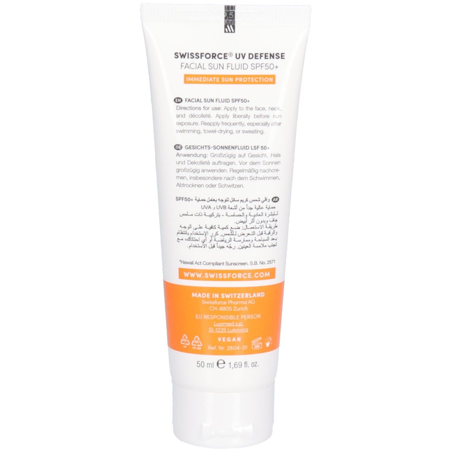 Rückseite der Tube. Text: Facial Sun Fluid LSF 50+. Anwendungshinweise in Deutsch, Englisch und Arabisch. Made in Switzerland.