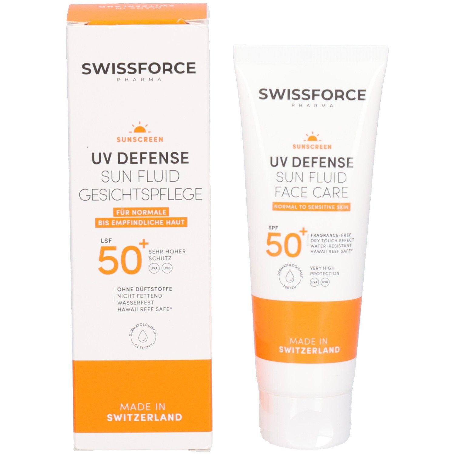 Produkt und Verpackung nebeneinander. Text: UV Defense Sun Fluid Gesichtspflege LSF 50+. Für normale bis empfindliche Haut. Made in Switzerland.