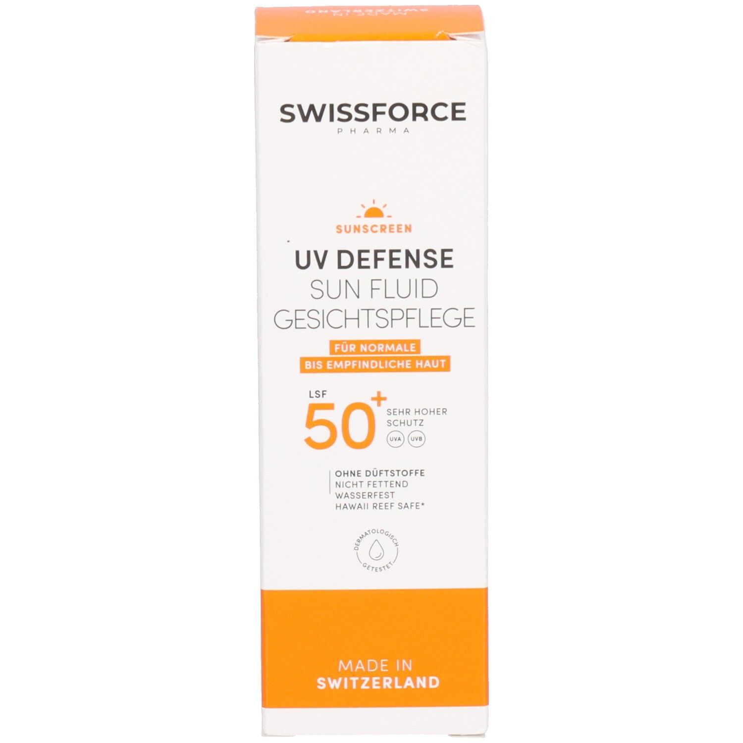 Swissforce Pharma UV Defense Sun Fluid Gesichtspflege LSF 50+ in orange-weißer Faltschachtel.