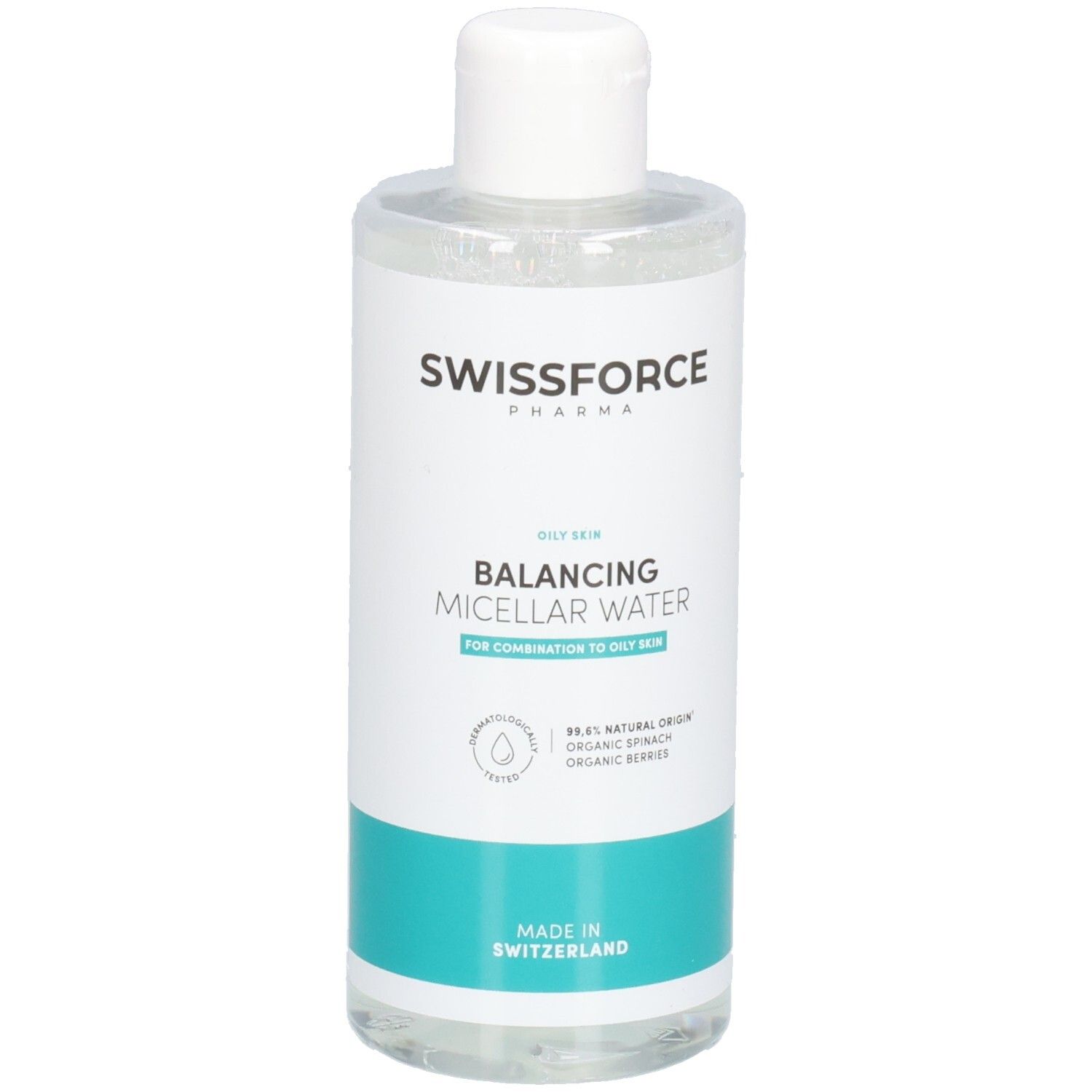 SWISSFORCE Balancing Mizellenwasser für ölige Haut. Rückseite mit detaillierten Anwendungshinweisen und Inhaltsstoffen.