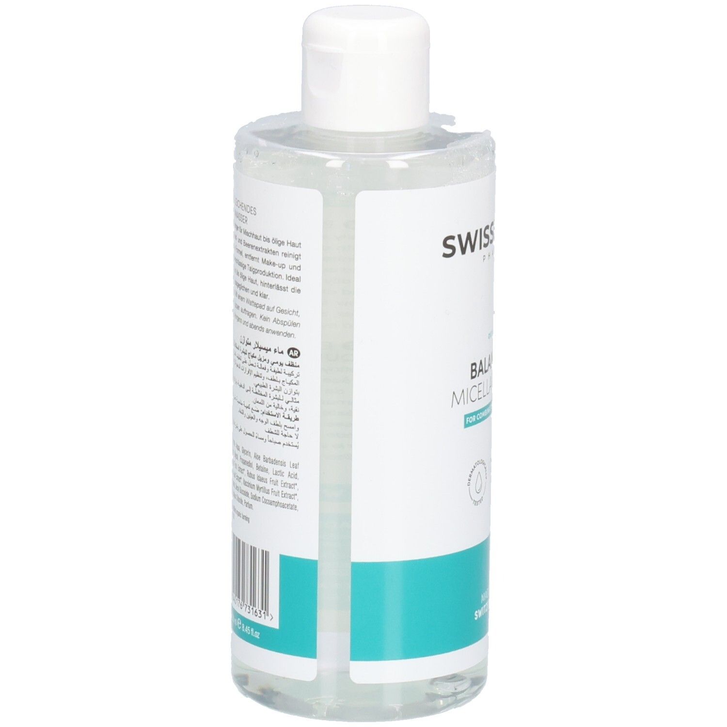 SWISSFORCE Balancing Mizellenwasser für ölige Haut. Seitenansicht mit Etikett und Produktinformationen.