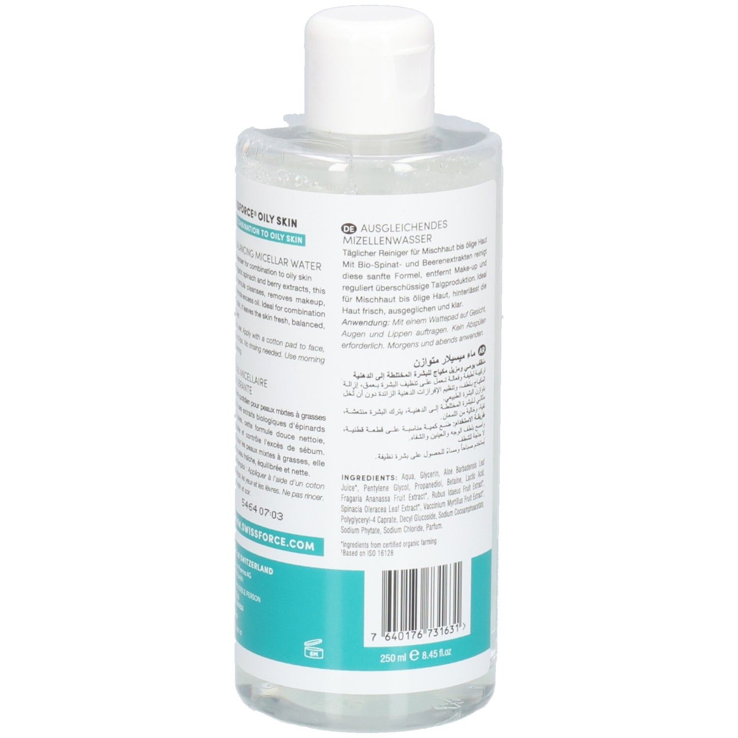 SWISSFORCE Balancing Mizellenwasser für ölige Haut. Rückseite mit Produktbeschreibung in mehreren Sprachen und Barcode.