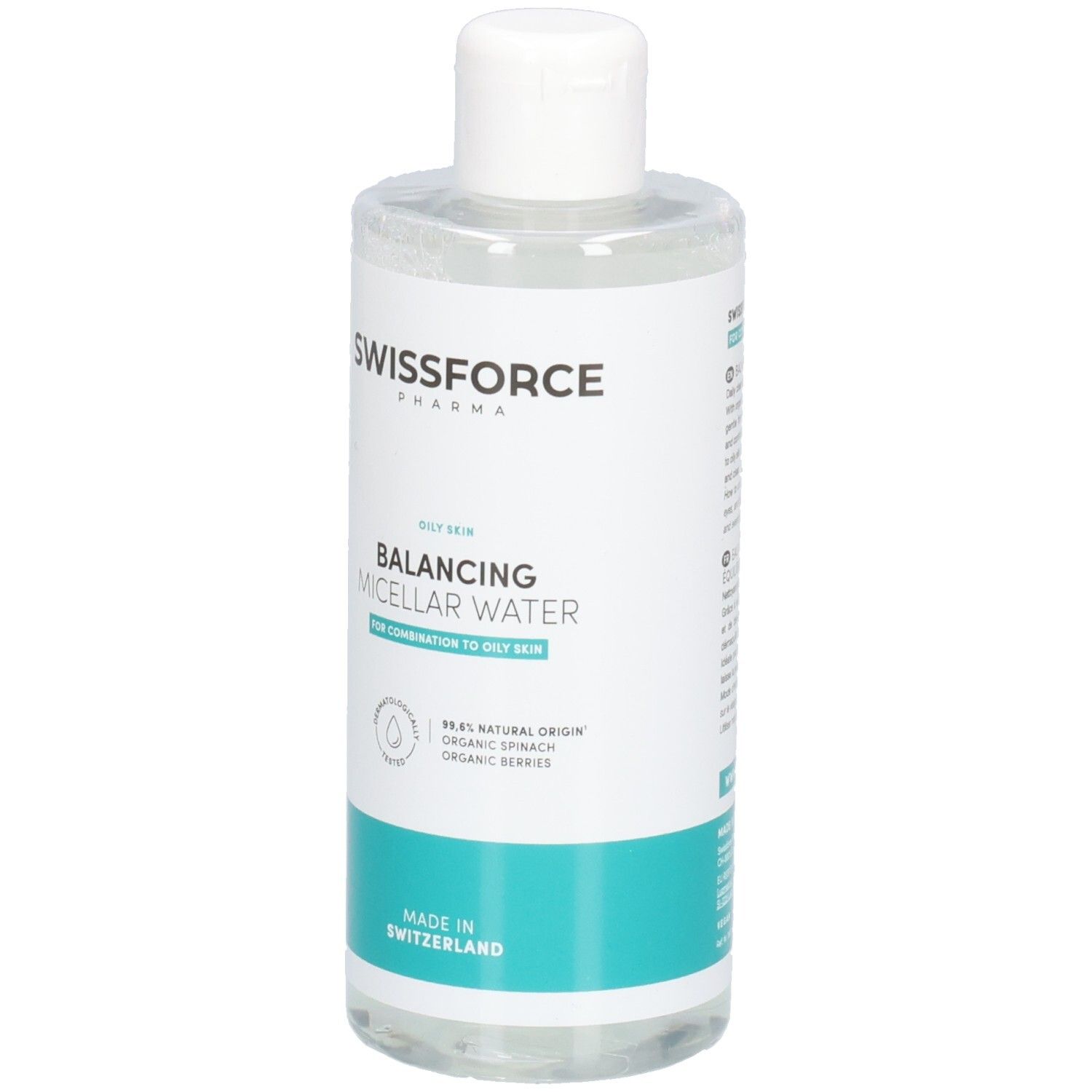 SWISSFORCE Balancing Mizellenwasser für ölige Haut. Vorderansicht der Flasche mit klarem Inhalt und weißem Verschluss.