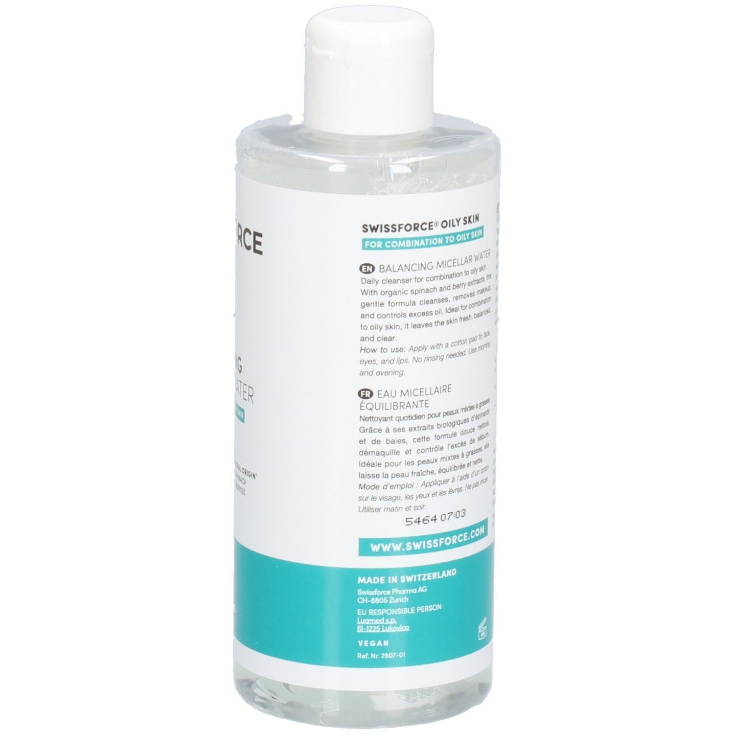 SWISSFORCE Balancing Mizellenwasser für ölige Haut. Rückseite mit detaillierter Produktbeschreibung und Website.