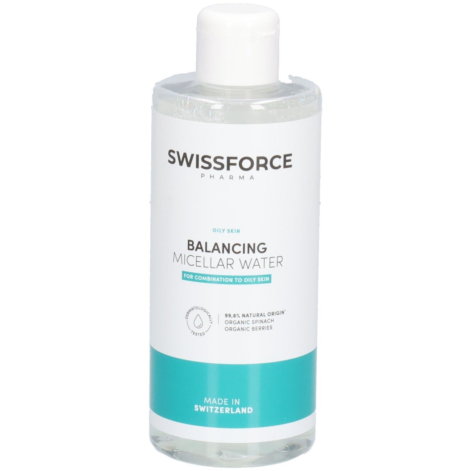 SWISSFORCE Balancing Mizellenwasser für ölige Haut. Flasche mit Etikett, das 'Made in Switzerland' angibt.