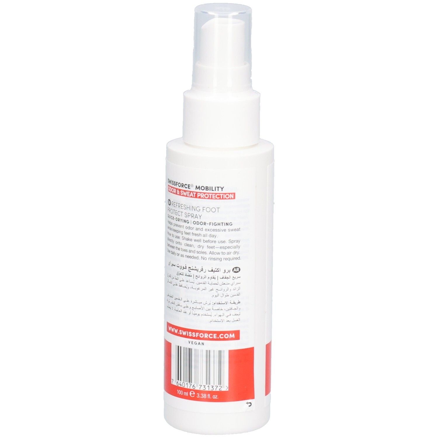 Swissforce Mobility Erfrischendes Fußspray in weißer Sprühflasche mit klarem Sprühkopf.