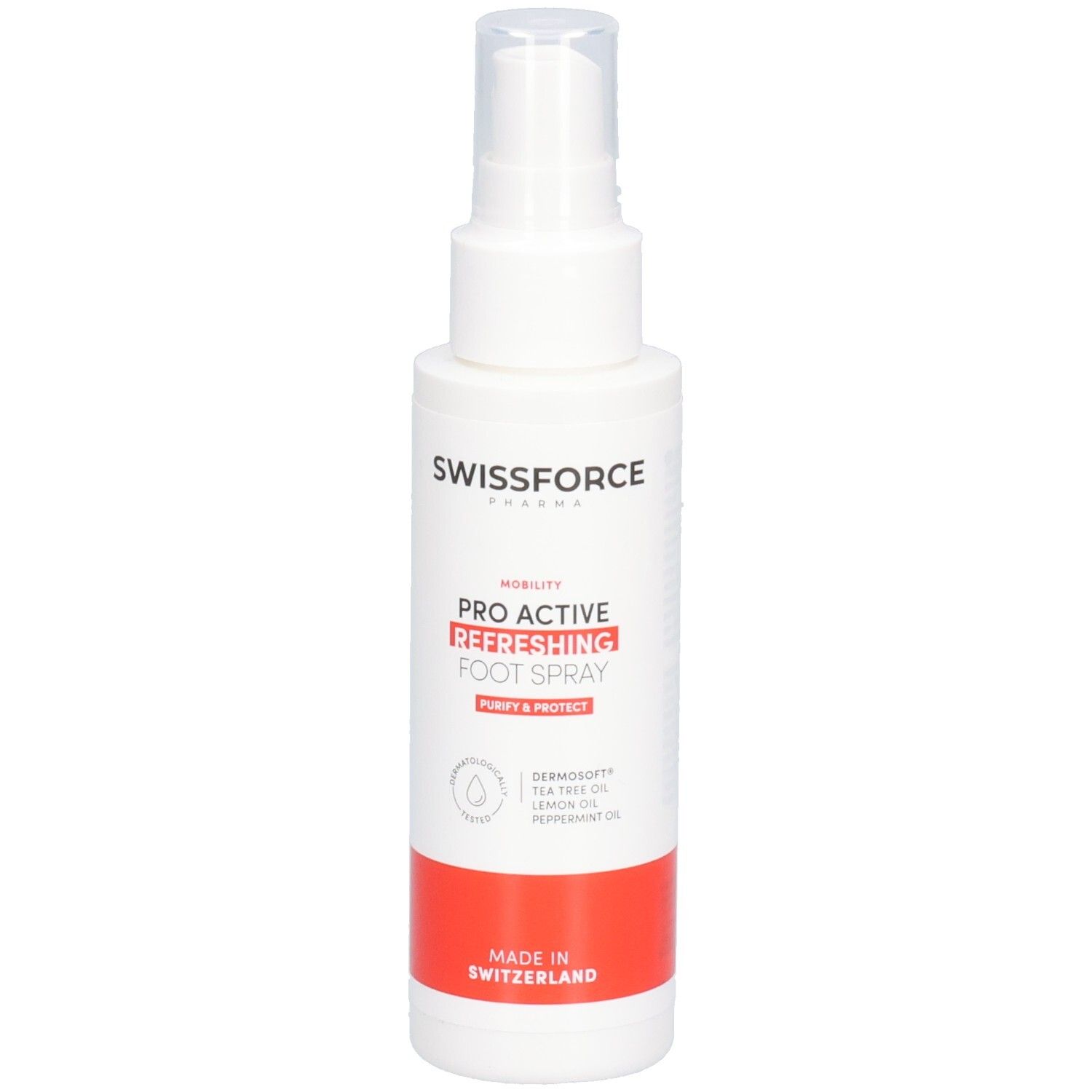 Weißes Spray mit rotem Streifen. Aufschrift: SWISSFORCE, PRO ACTIVE REFRESHING FOOT SPRAY. Mit Zerstäuber.