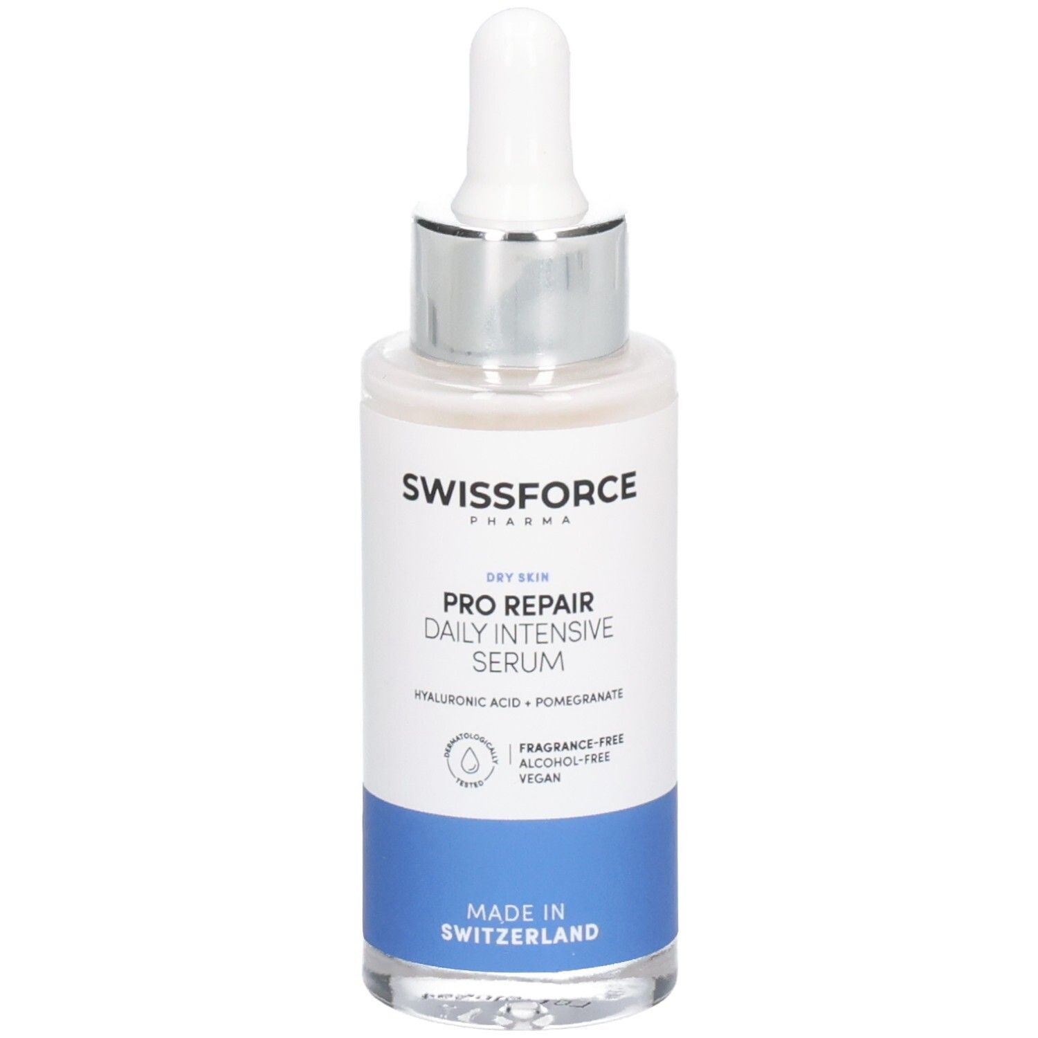 SWISSFORCE Pro Repair Daily Intensive Serum Flasche mit Pipette. Weißes Etikett mit blauem Streifen. Text: Trockene Haut, Hyaluronsäure, Granatapfel.