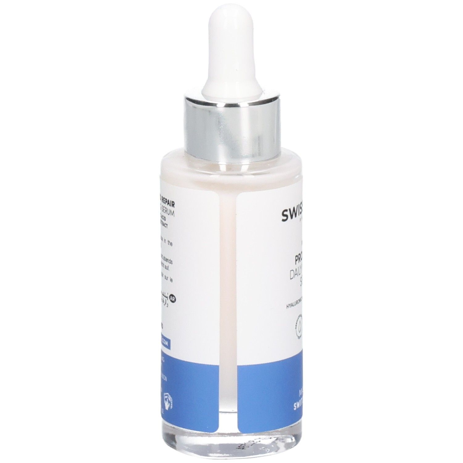 Rückansicht der SWISSFORCE Pro Repair Serum Flasche. Weißes Etikett mit Text und blauem Streifen. Hergestellt in der Schweiz.