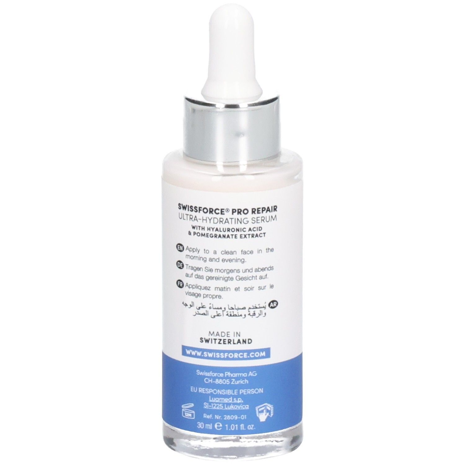 Rückansicht der SWISSFORCE Pro Repair Serum Flasche. Text und Anwendungsanweisungen. Hergestellt in der Schweiz. Mit Pipette.