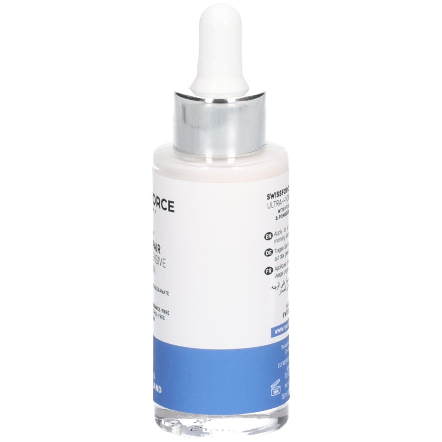 Rückansicht der SWISSFORCE Pro Repair Serum Flasche. Text und Anwendungsanweisungen. Hergestellt in der Schweiz. Mit Pipette.