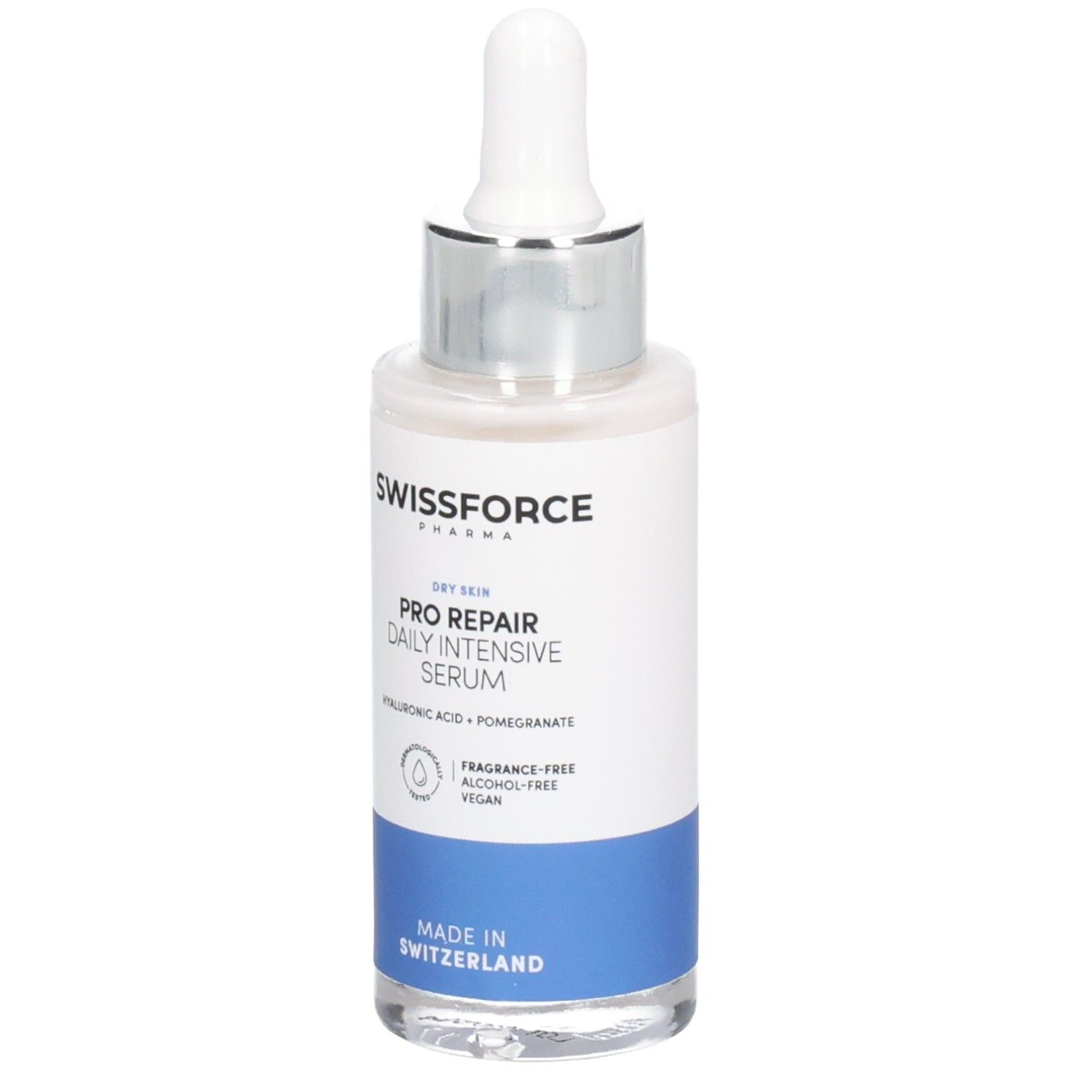 SWISSFORCE Pro Repair Daily Intensive Serum Flasche mit Pipette. Weißes Etikett mit blauem Streifen. Text: Trockene Haut, Hyaluronsäure, Granatapfel.